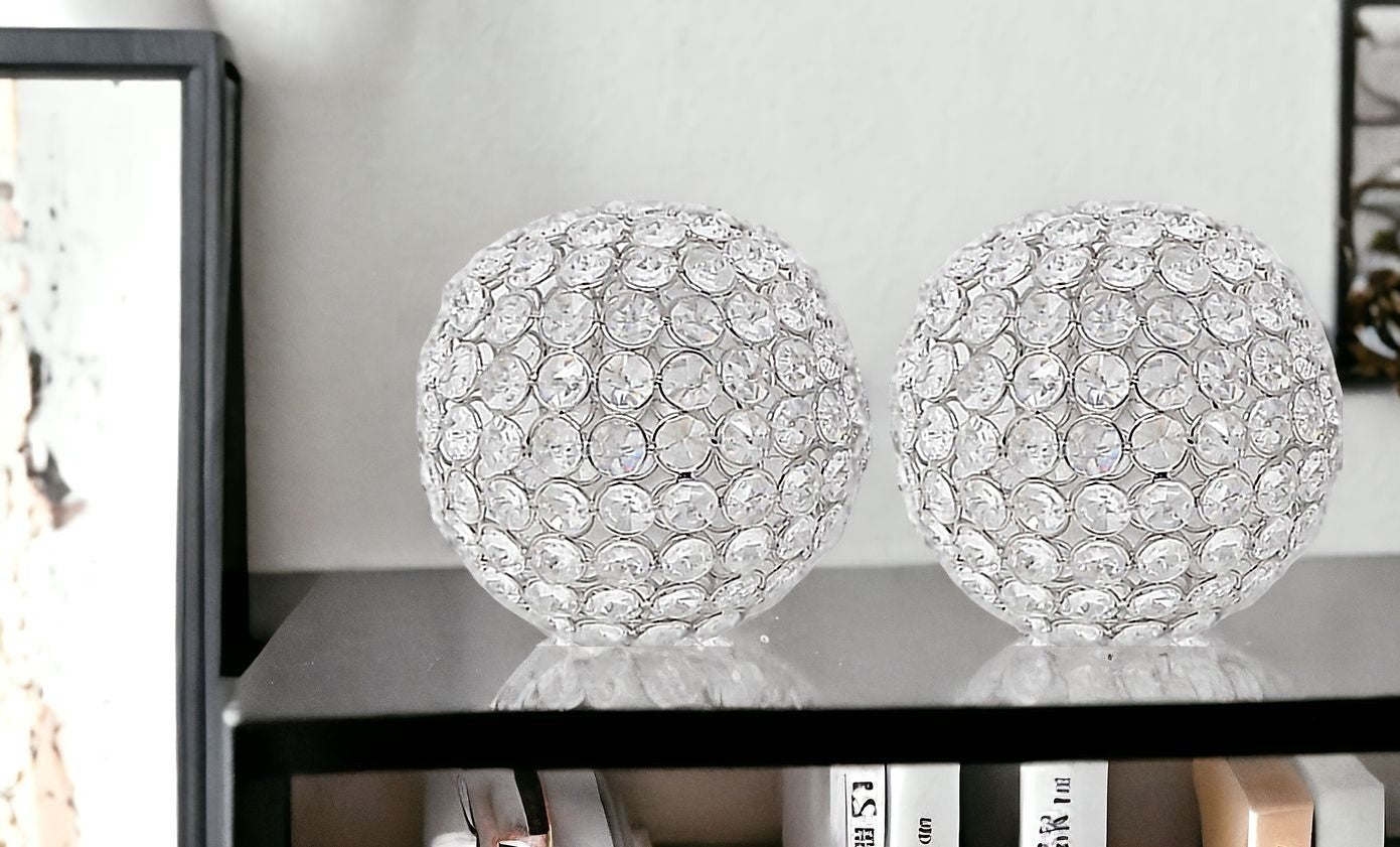 Set of Two Clear Faux Crystal and Silver Decorative Orb Tabletop Sculptures