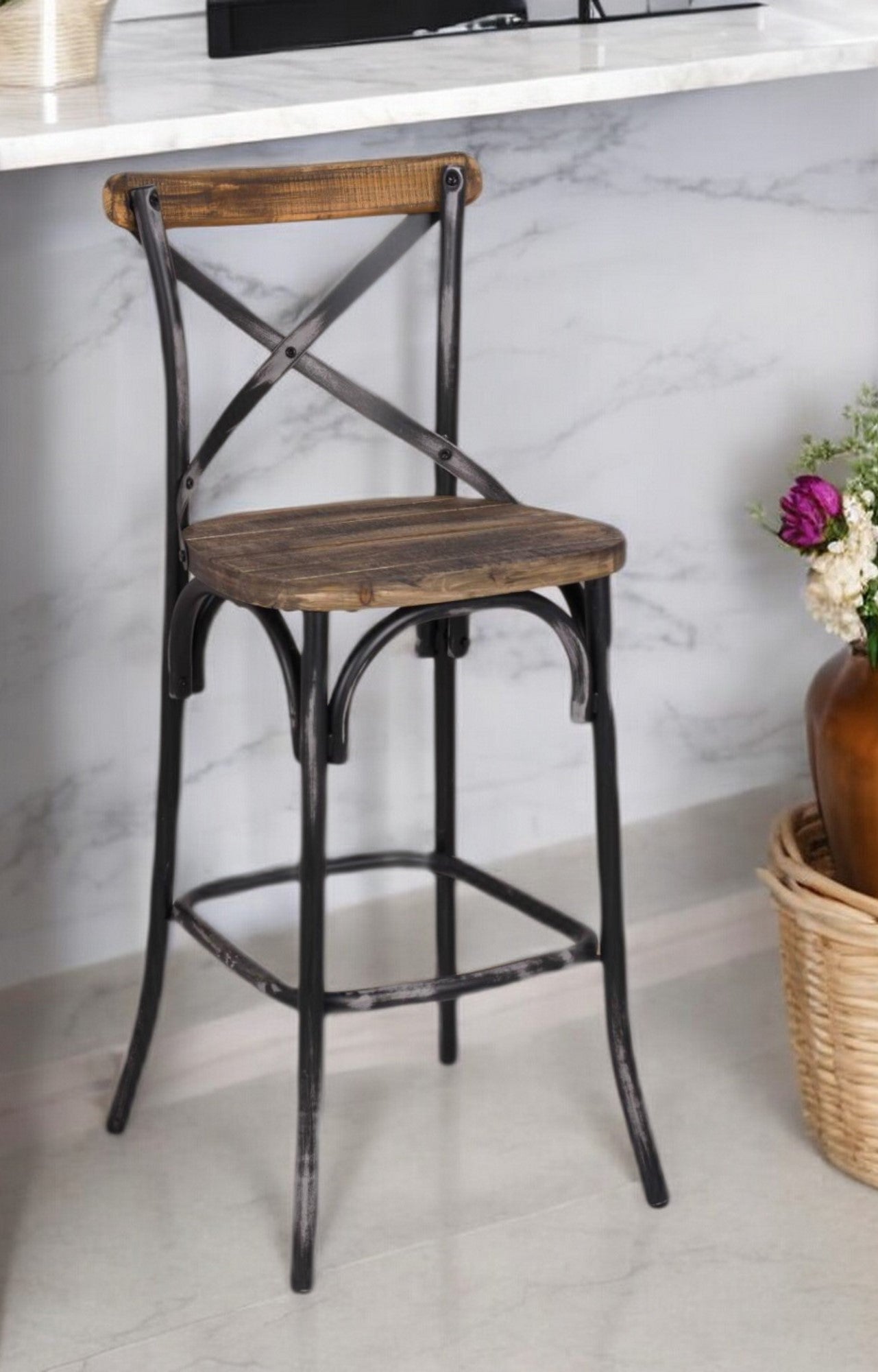 22" Brown And Black Iron Bar Chair