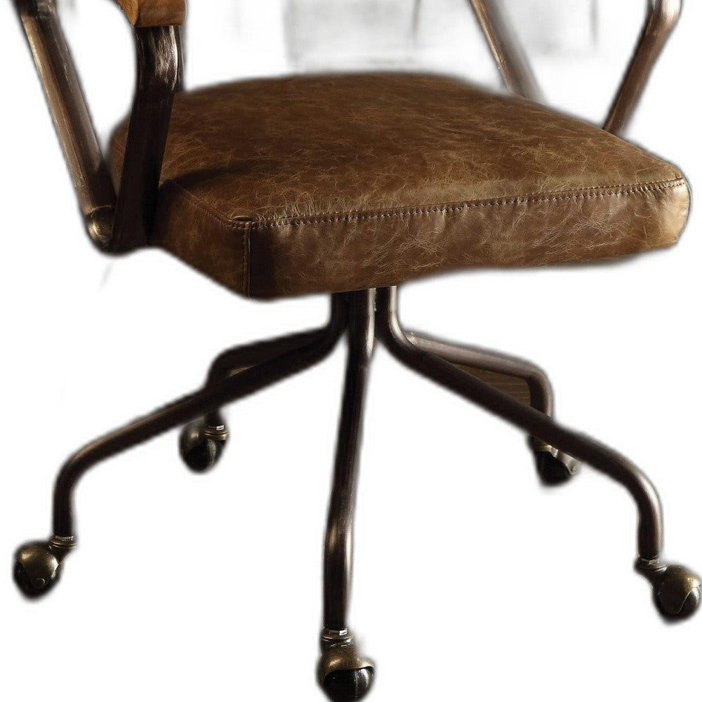 Brown and Black Swivel Faux Leather Rolling Office Chair