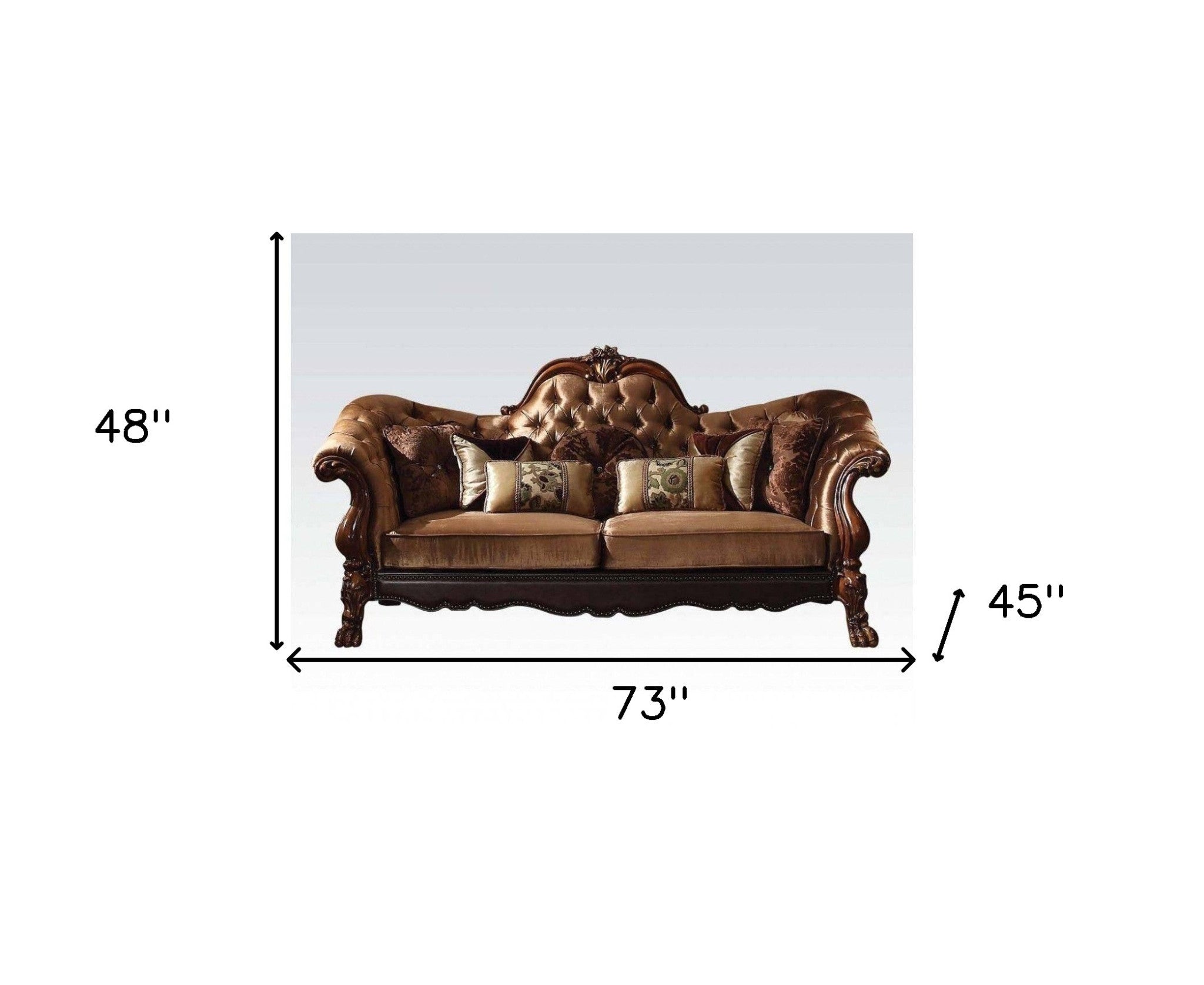 73" Dark Brown And Brown Velvet Chesterfield Love Seat and Toss Pillows