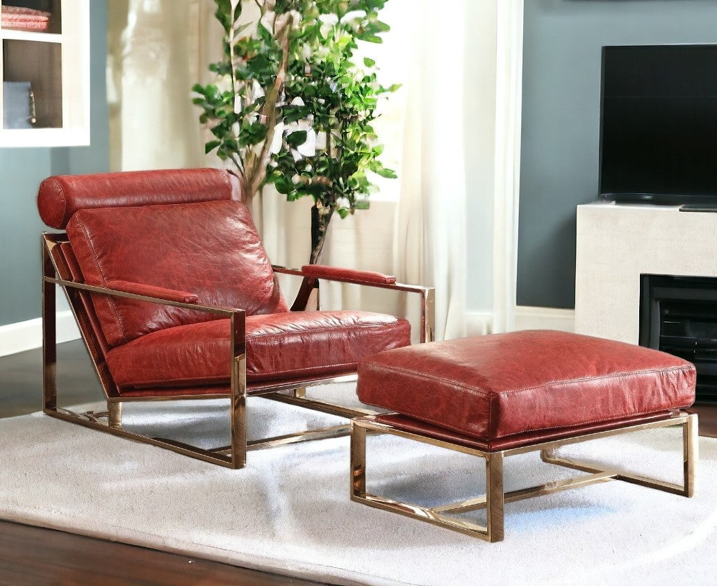 29" Red And Gold Top Grain Leather Lounge Chair With Ottoman