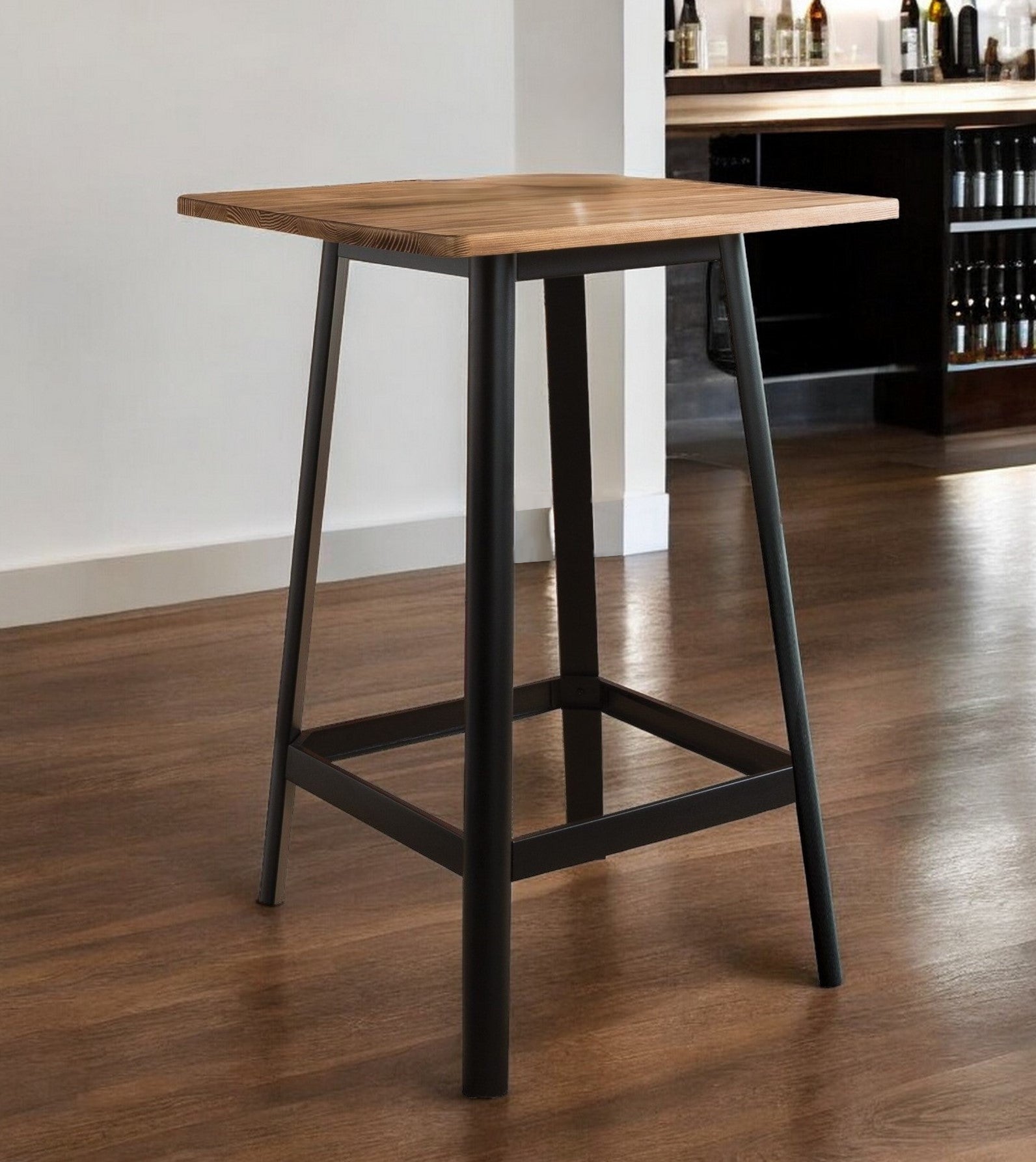 28" Natural and Black Square Solid Wood and Brass Bar Table