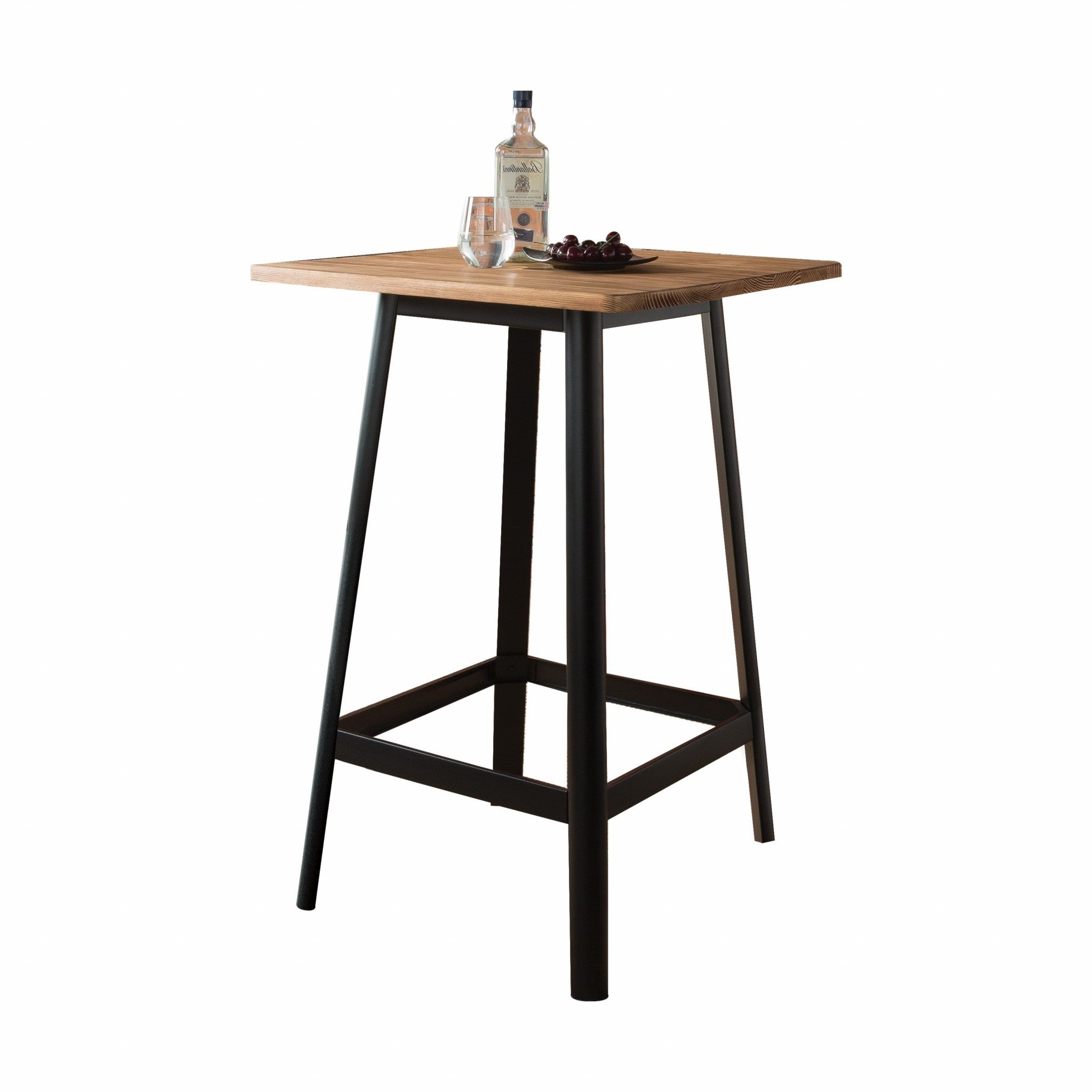 28" Natural and Black Square Solid Wood and Brass Bar Table