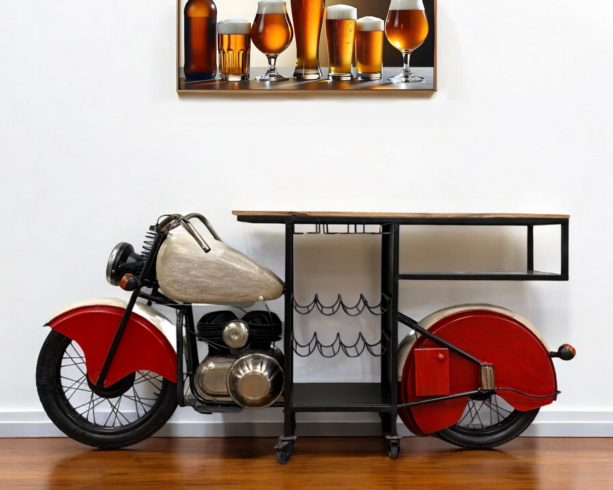 Red and Black Metal And Wood Rolling Glider Bike Bar Cart With Wine Storage