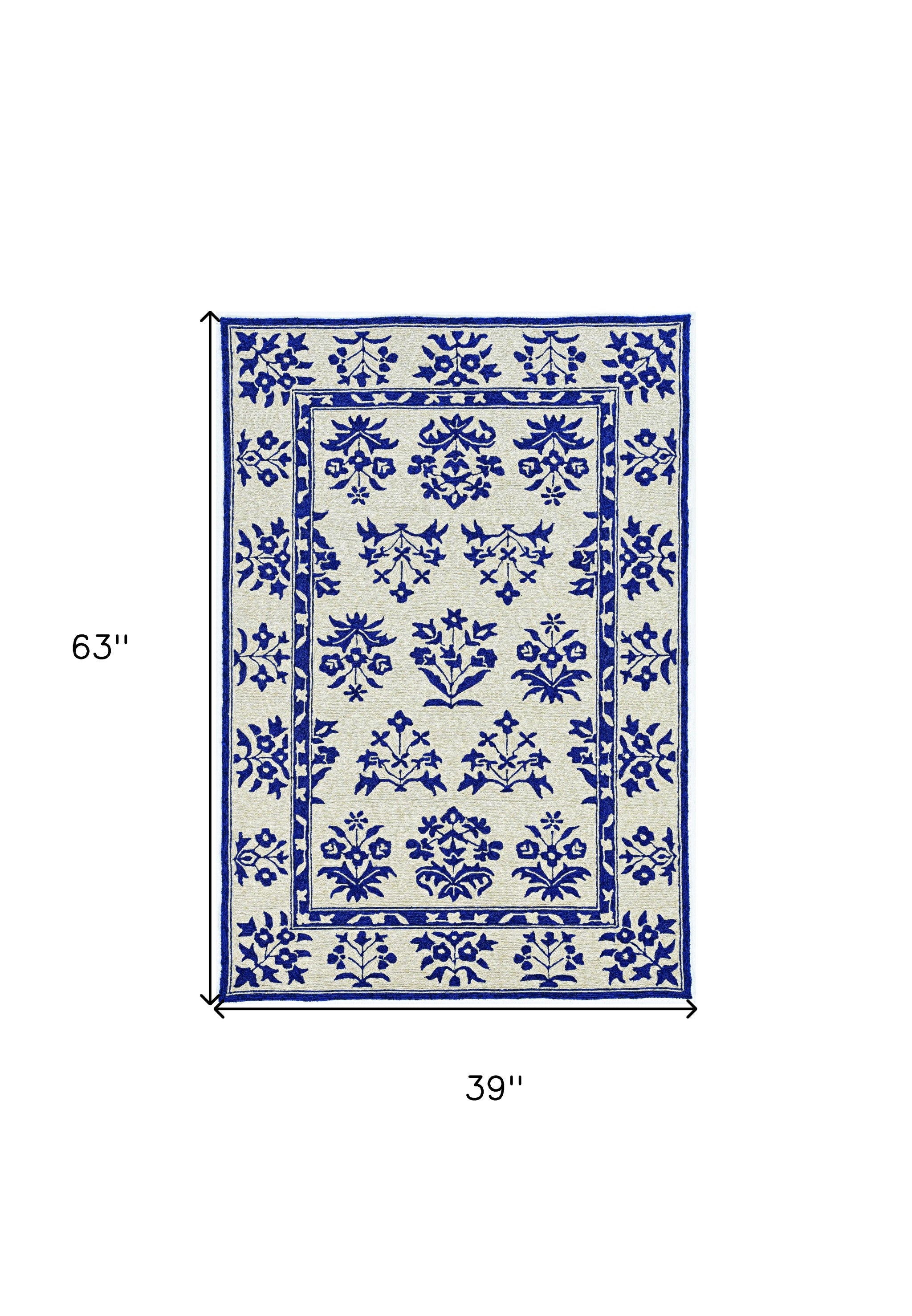 3'X5' Sand Blue Hand Hooked Uv Treated Traditional Floral Design Indoor Outdoor Rug