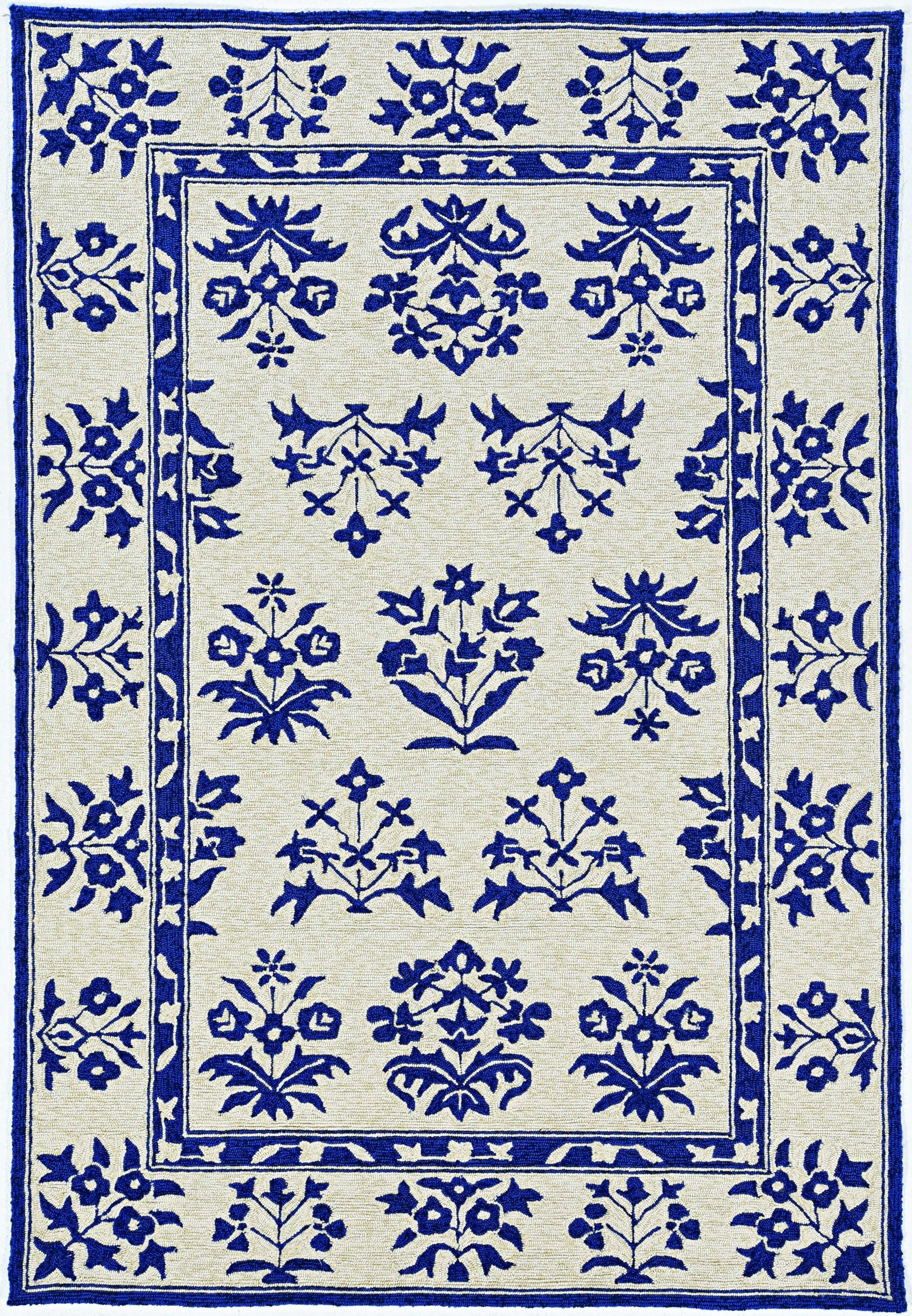 3'X5' Sand Blue Hand Hooked Uv Treated Traditional Floral Design Indoor Outdoor Rug