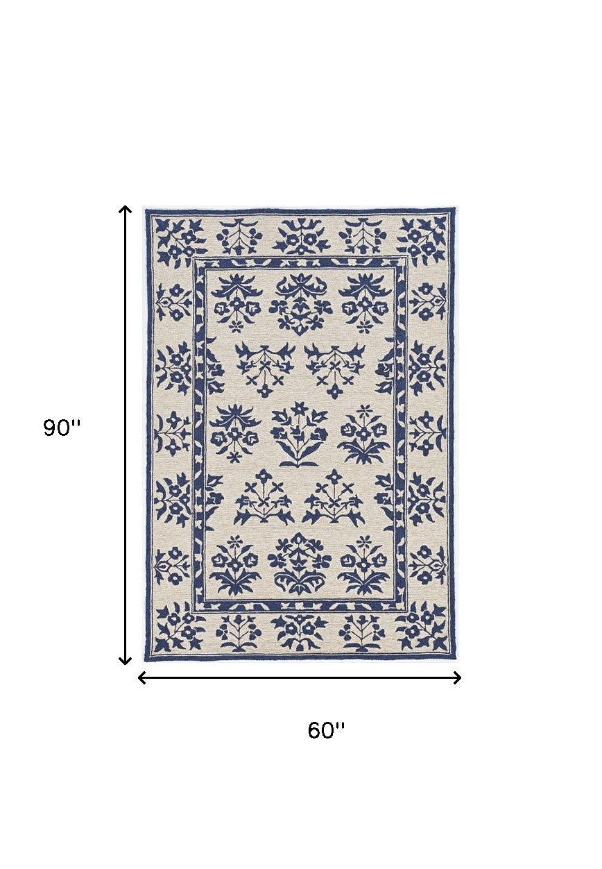 3'X5' Sand Blue Hand Hooked Uv Treated Traditional Floral Design Indoor Outdoor Rug