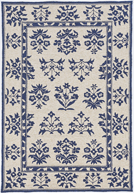 3'X5' Sand Blue Hand Hooked Uv Treated Traditional Floral Design Indoor Outdoor Rug