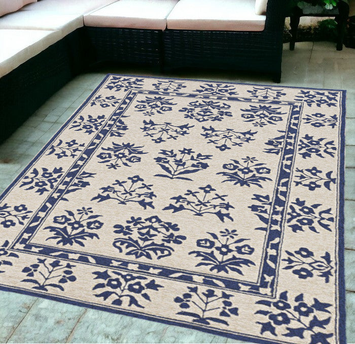 3'X5' Sand Blue Hand Hooked Uv Treated Traditional Floral Design Indoor Outdoor Rug