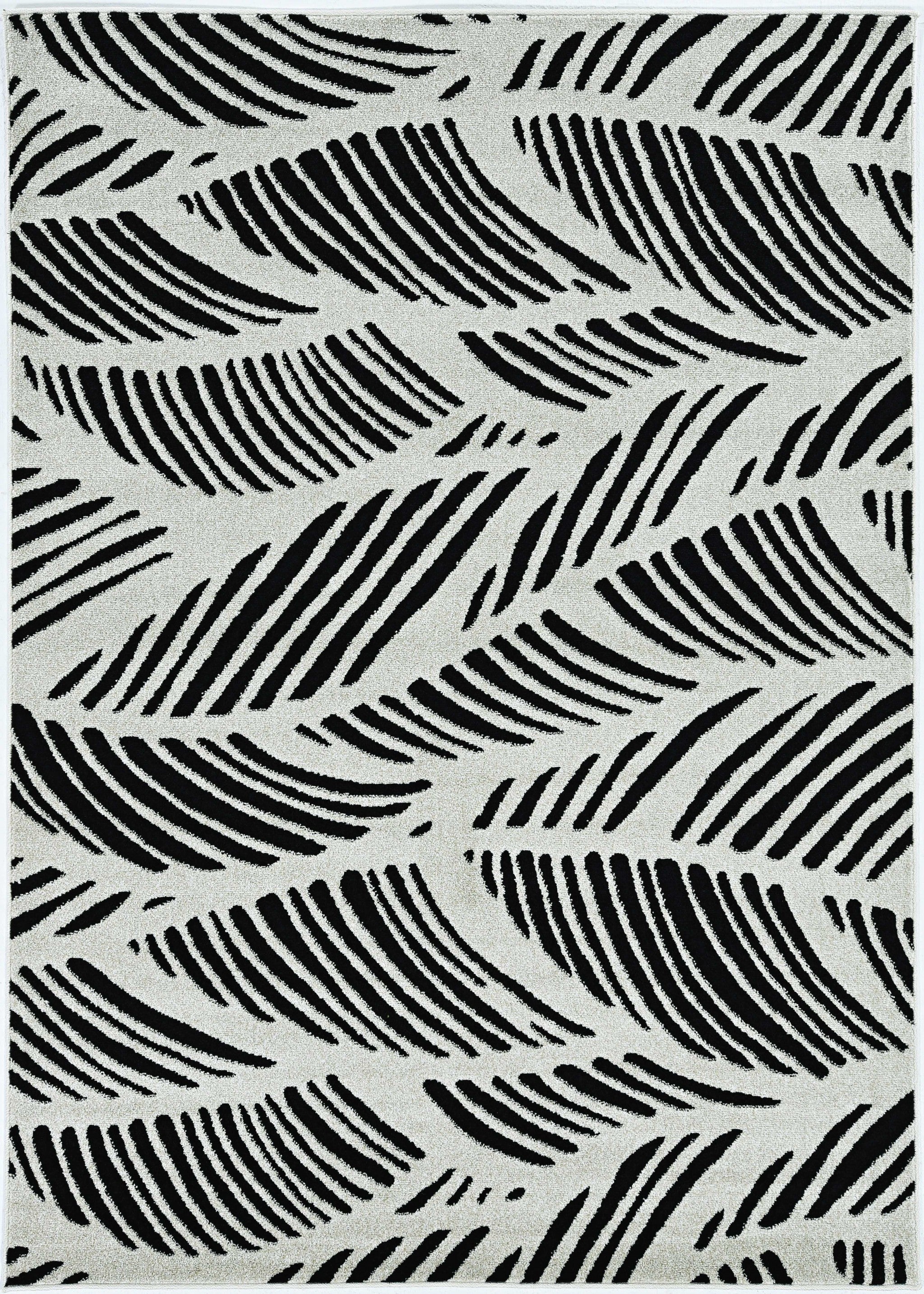 5'X8' Black White Machine Woven Uv Treated Oversized Leaves Indoor Outdoor Area Rug