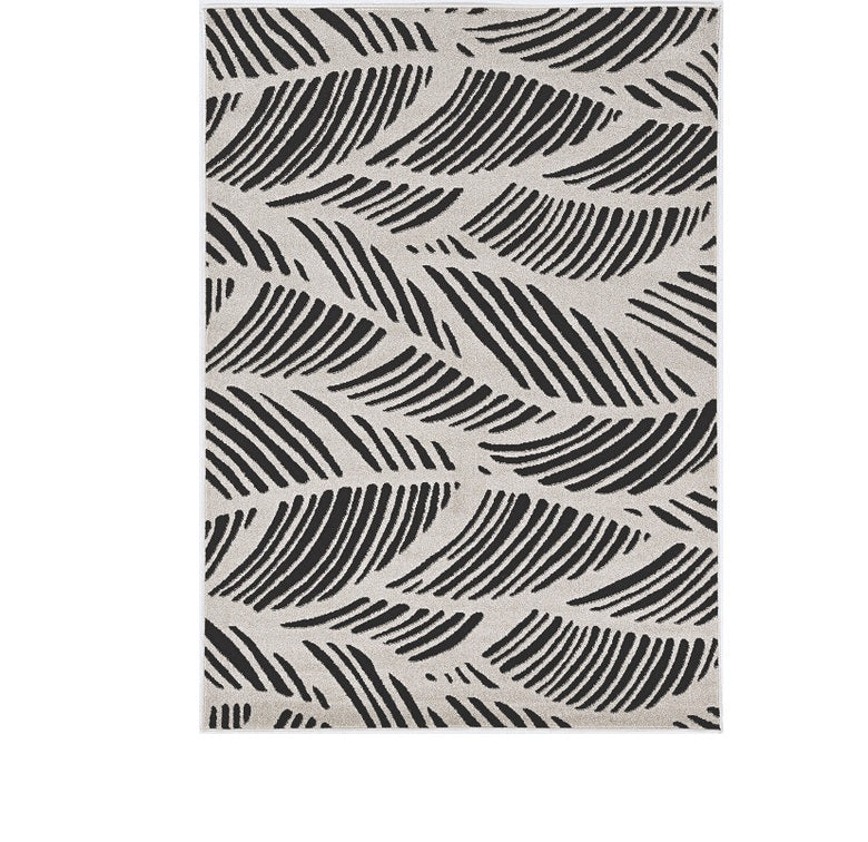 5'X8' Black White Machine Woven Uv Treated Oversized Leaves Indoor Outdoor Area Rug