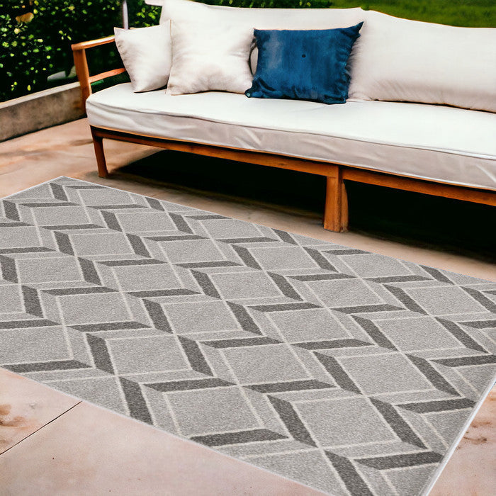 5'X8' Grey Machine Woven Uv Treated Herringbone Illusion Indoor Outdoor Area Rug