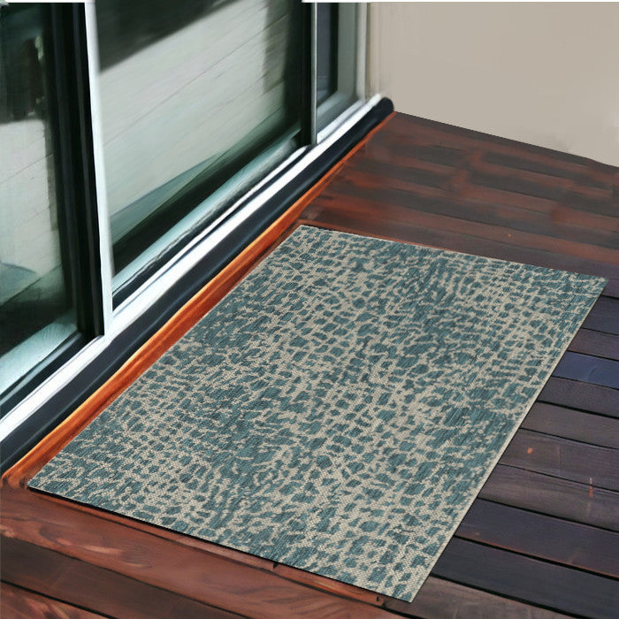 8'X11' Teal Machine Woven Uv Treated Animal Print Indoor Outdoor Area Rug