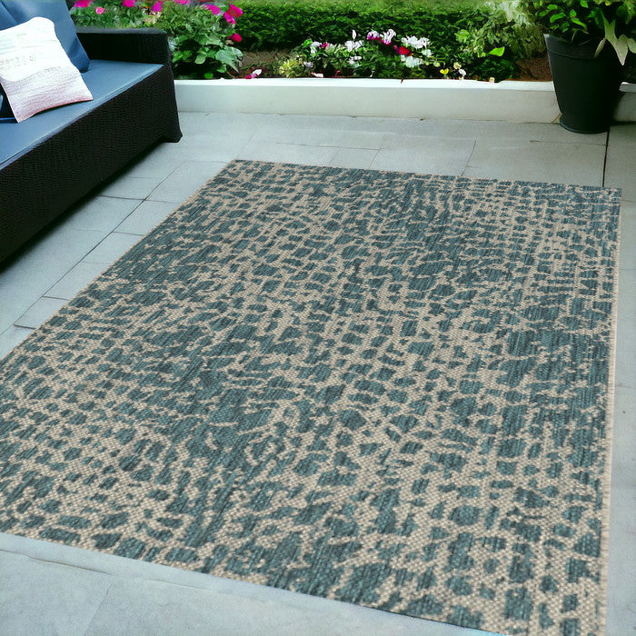 8'X11' Teal Machine Woven Uv Treated Animal Print Indoor Outdoor Area Rug