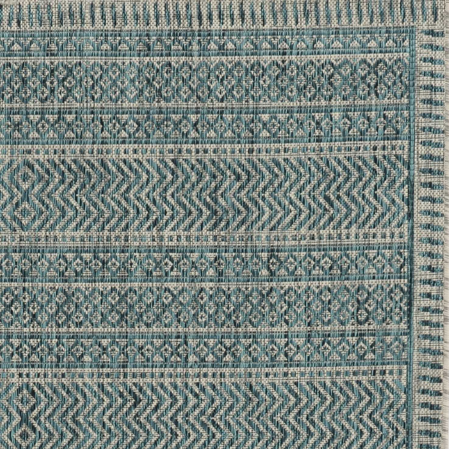 5'X7' Teal Machine Woven Uv Treated Tribal Indoor Outdoor Area Rug