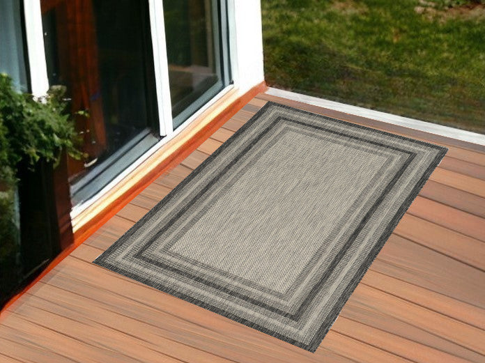 8'X11' Grey Machine Woven Uv Treated Bordered Indoor Outdoor Area Rug