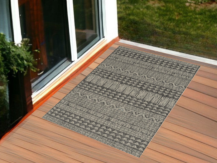 8'X11' Charcoal Machine Woven Uv Treated Tribal Indoor Outdoor Area Rug