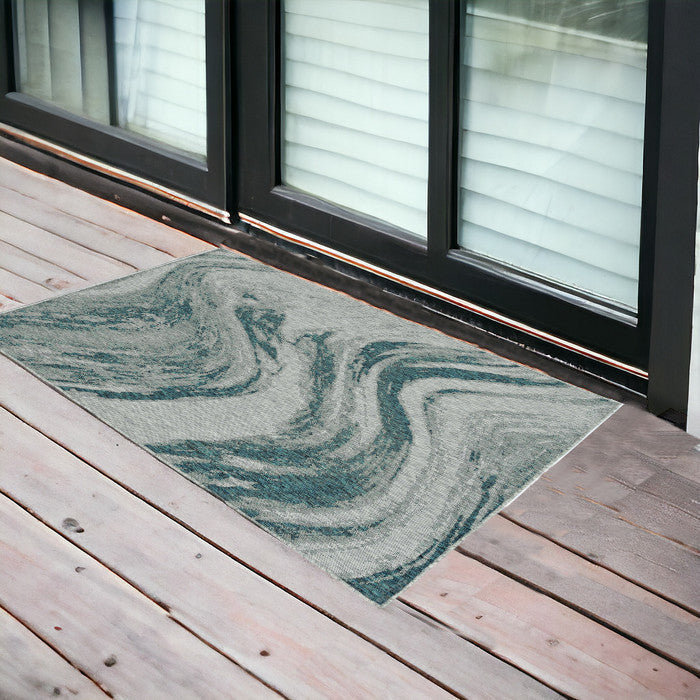 3'X4' Grey Teal Machine Woven Uv Treated Abstract Waves Indoor Outdoor Accent Rug