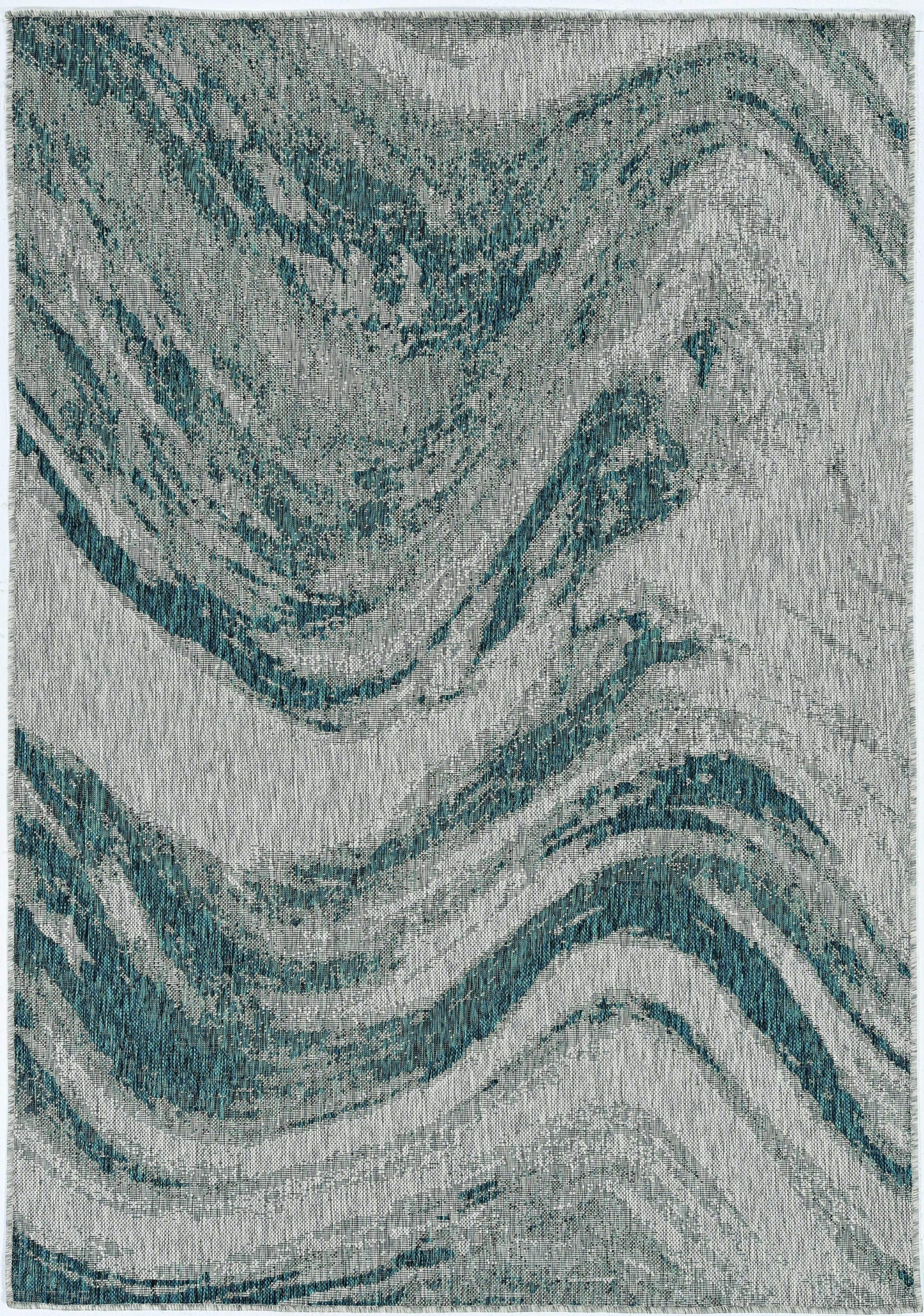 3'X4' Grey Teal Machine Woven Uv Treated Abstract Waves Indoor Outdoor Accent Rug