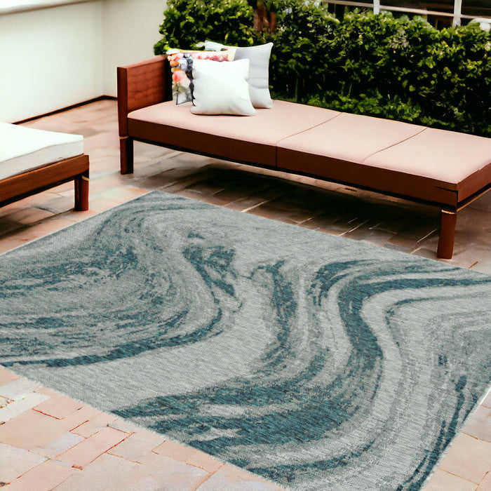 3'X4' Grey Teal Machine Woven Uv Treated Abstract Waves Indoor Outdoor Accent Rug