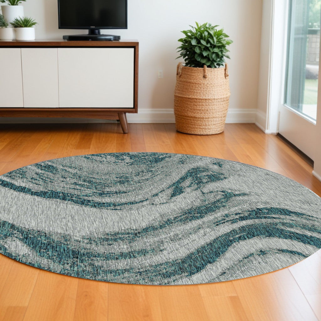 3'X4' Grey Teal Machine Woven Uv Treated Abstract Waves Indoor Outdoor Accent Rug