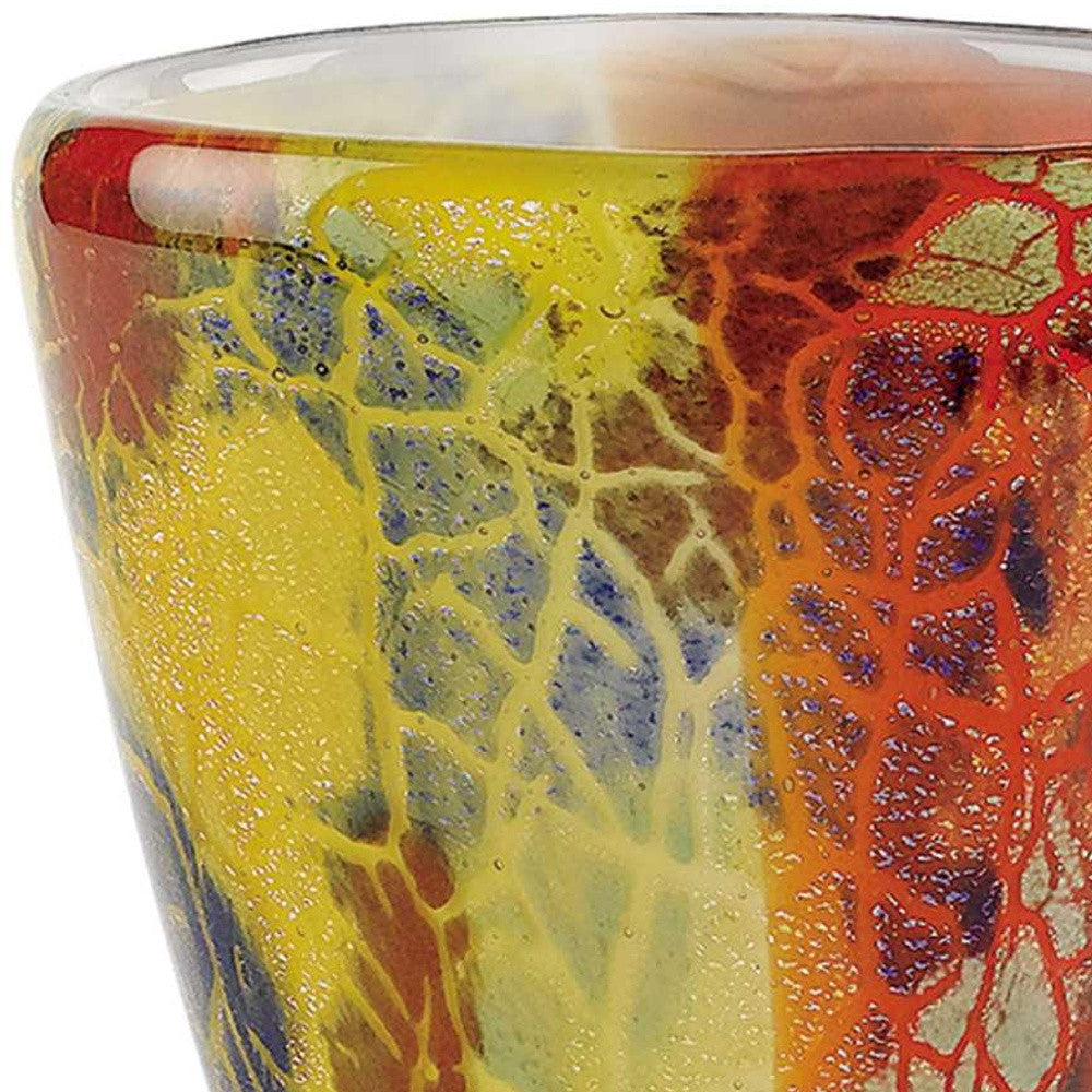 8" Orange Red and Yellow Murano Glass Abstract Oval Table Vase