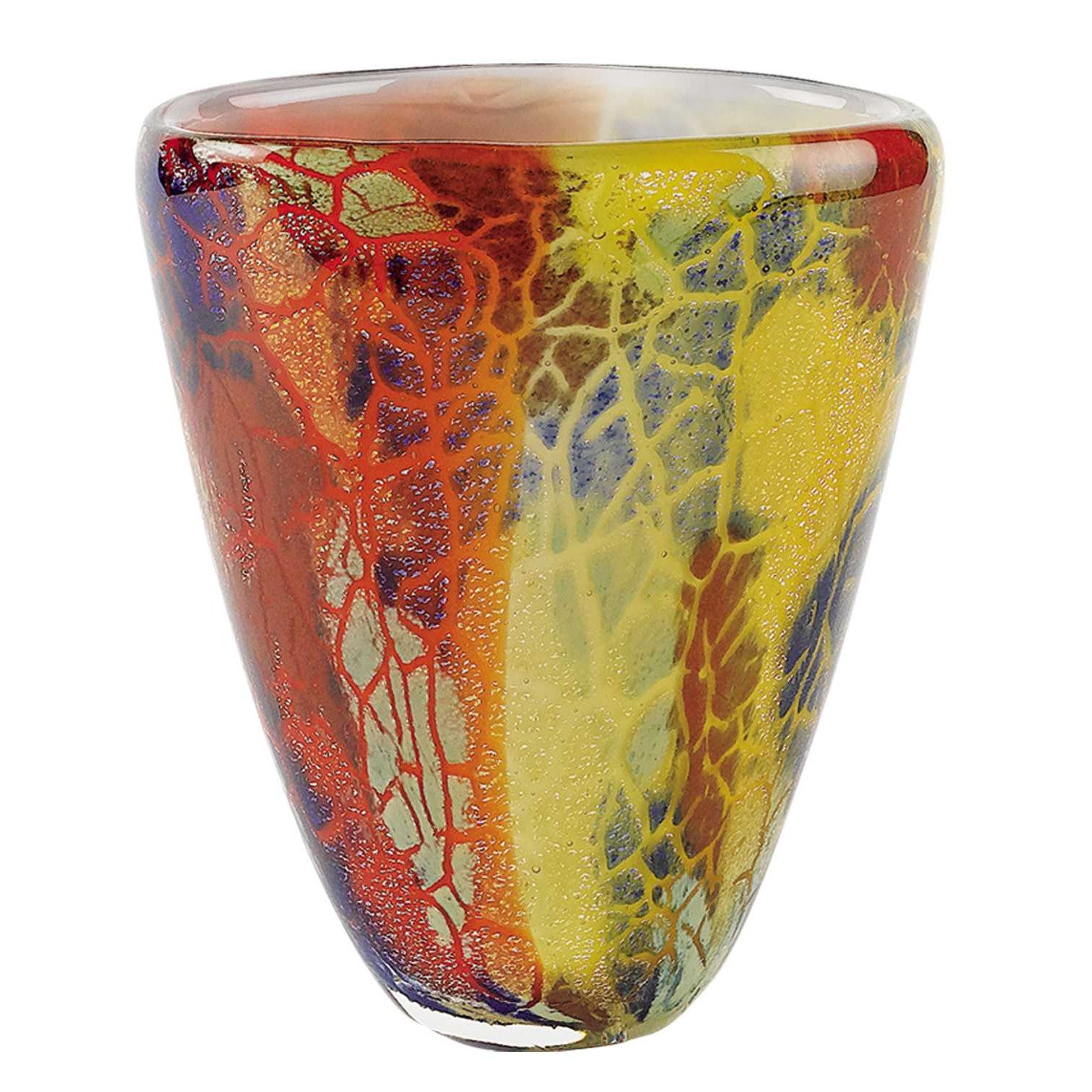 8" Orange Red and Yellow Murano Glass Abstract Oval Table Vase