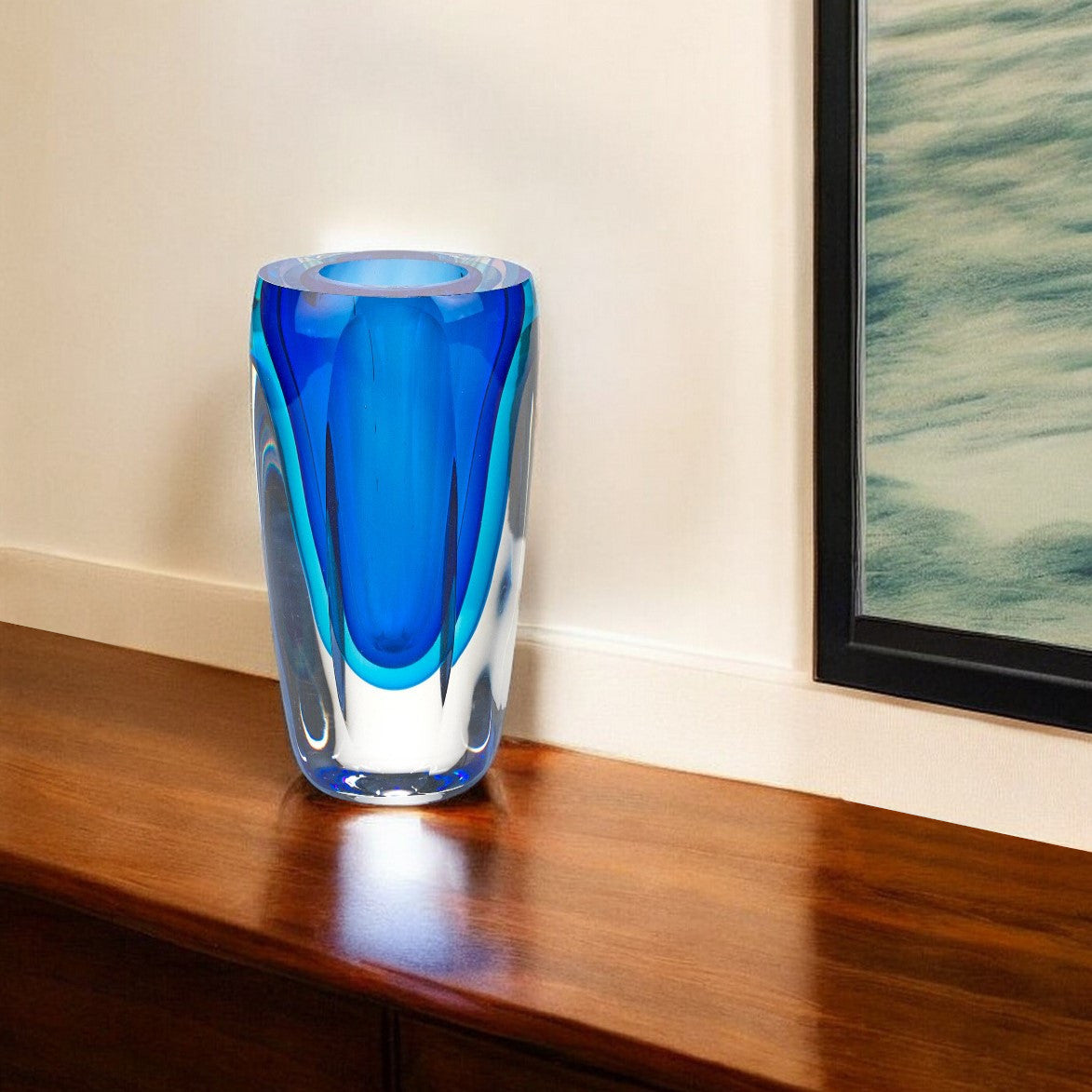 6 Mouth Blown Blue Art Glass Vase