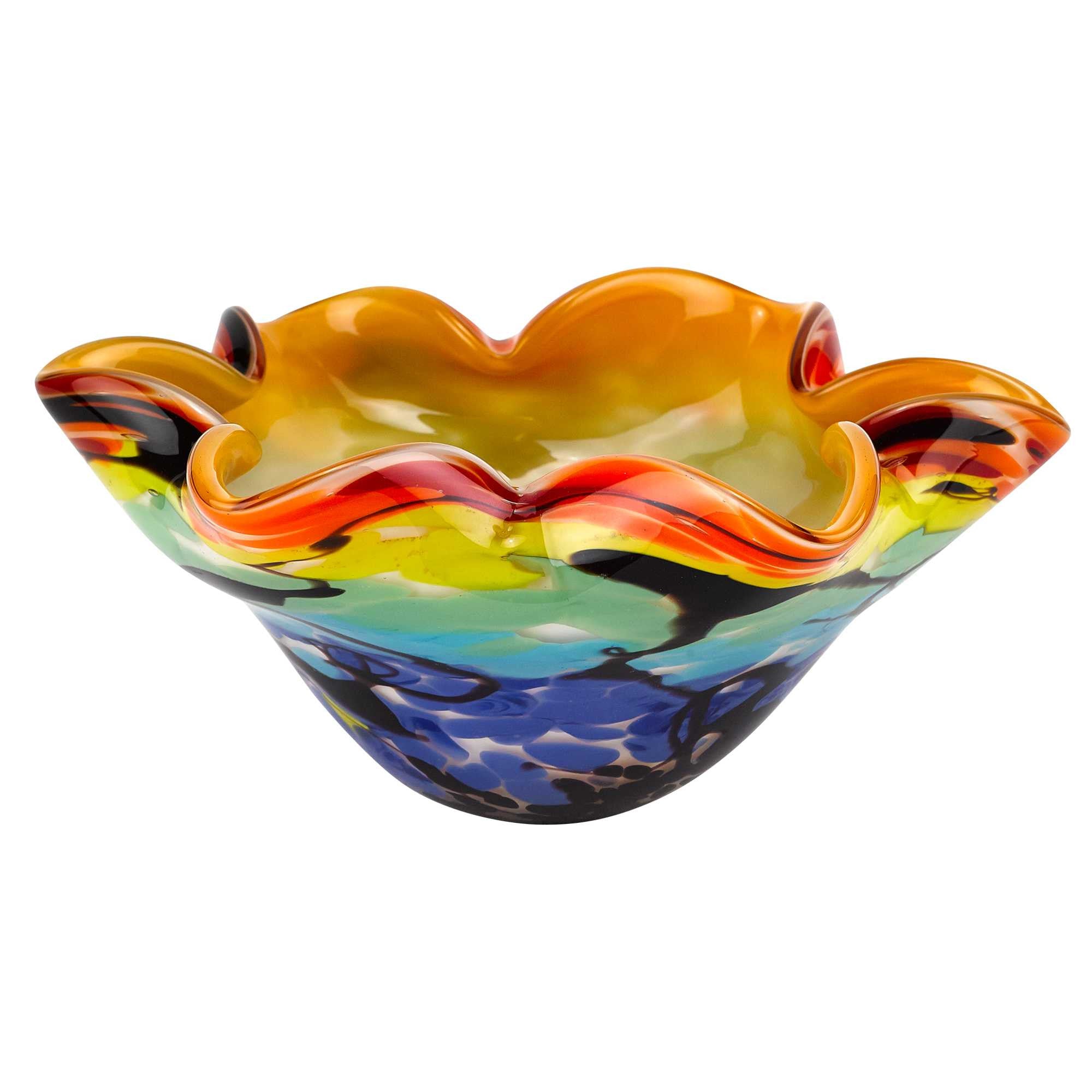 9" Rainbow Multi Art Glass Wavy Centerpiece Bowl