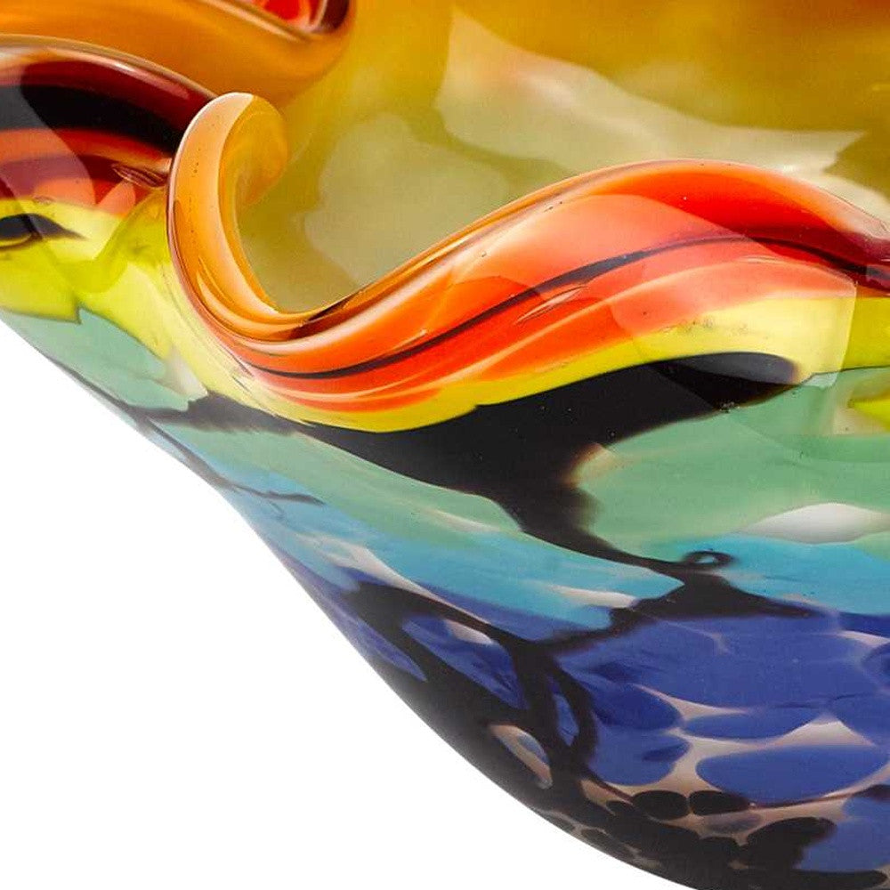 9" Rainbow Multi Art Glass Wavy Centerpiece Bowl