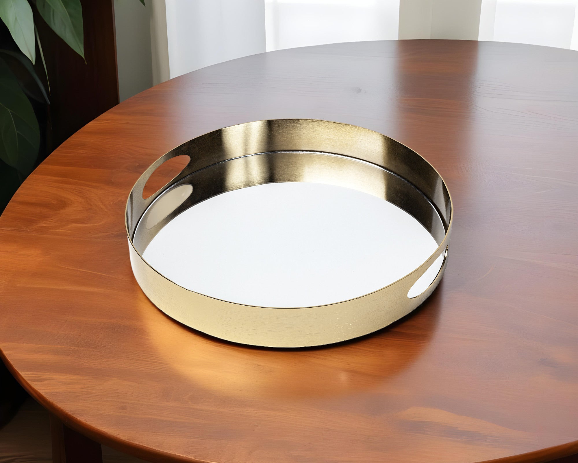 15" Gold Round Metal Indoor Outdoor Tray With Handles