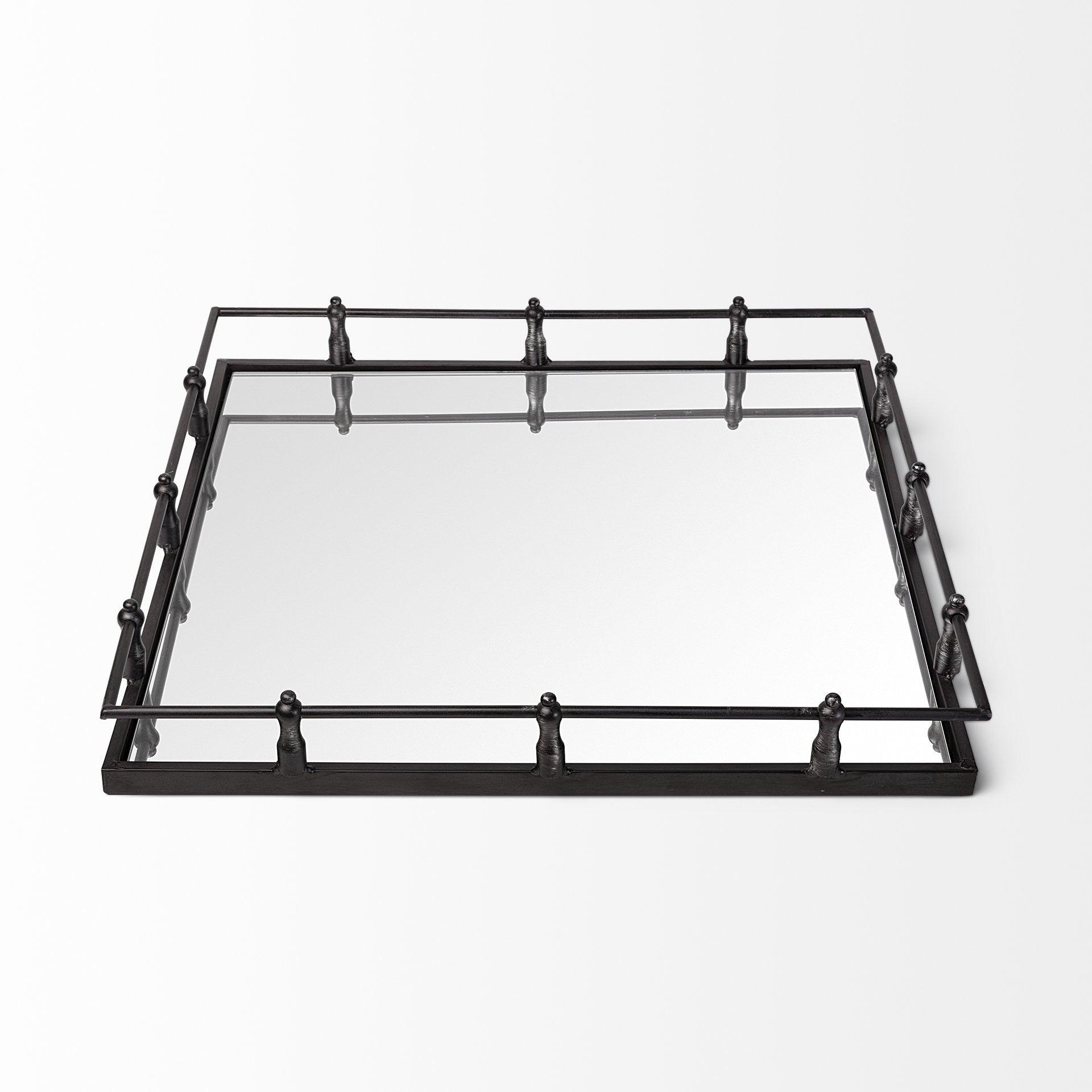 Natural Finish Metal With Mirrored Glass Bottom And Railing Handle Tray