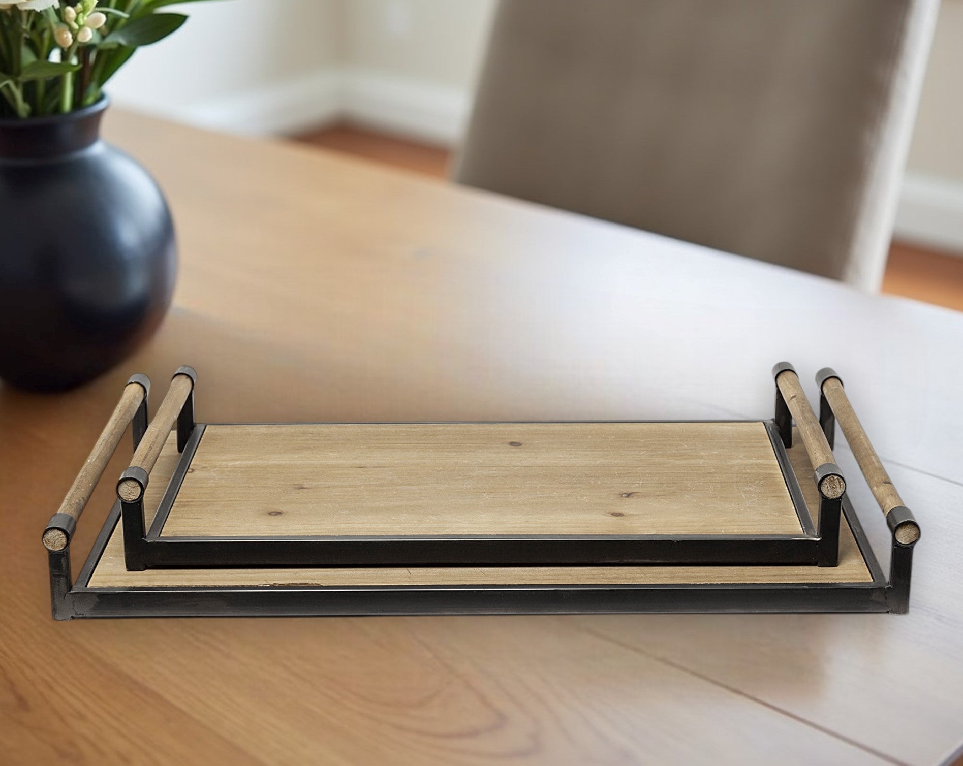 Set of Two Brown Wood Indoor Outdoor Serving Tray With Handles