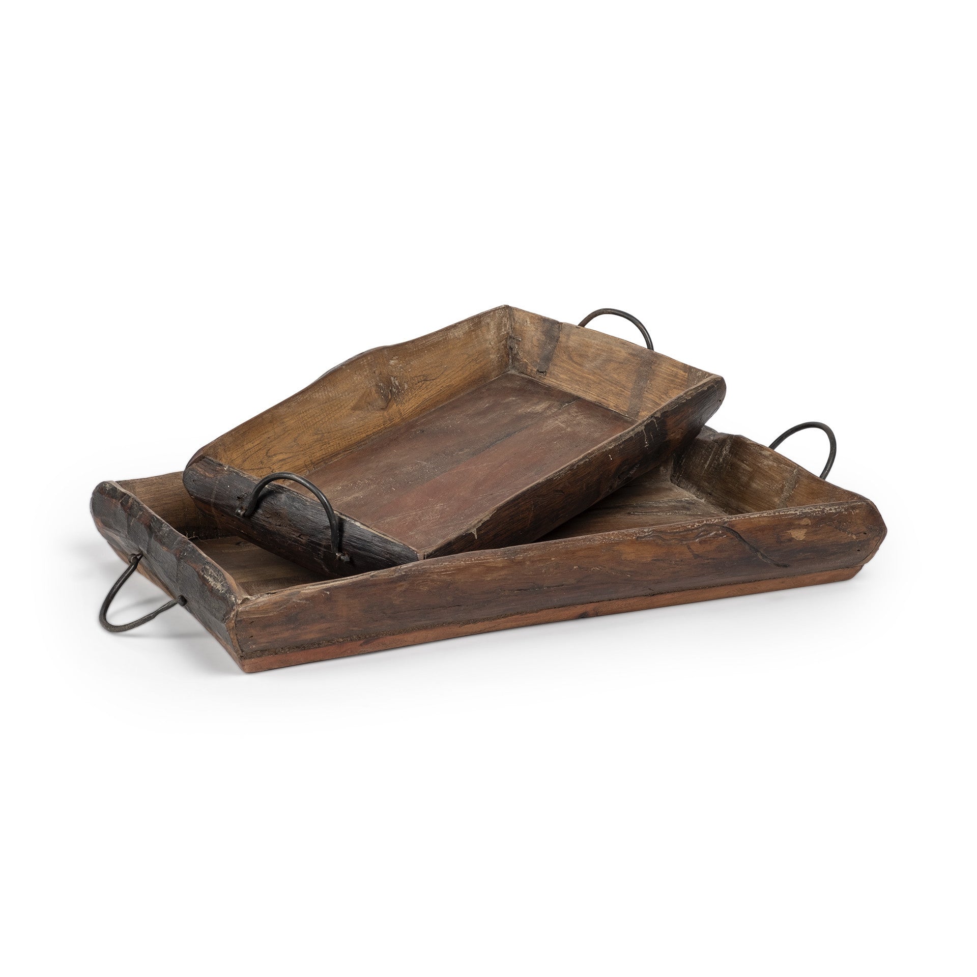 Set of Two Brown Rectangular Wood Indoor Outdoor Serving Tray With Handles