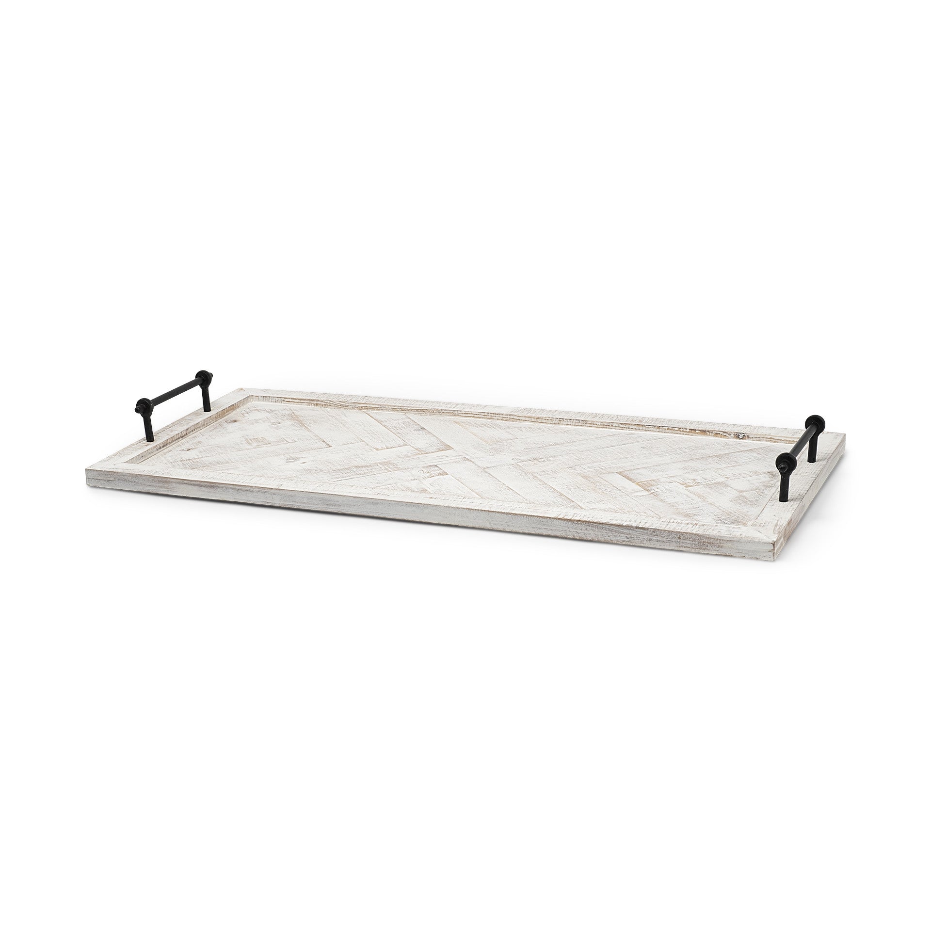 Whitewashed Tone Wood With Herringbone Pattern With Metal Raised Edges Tray