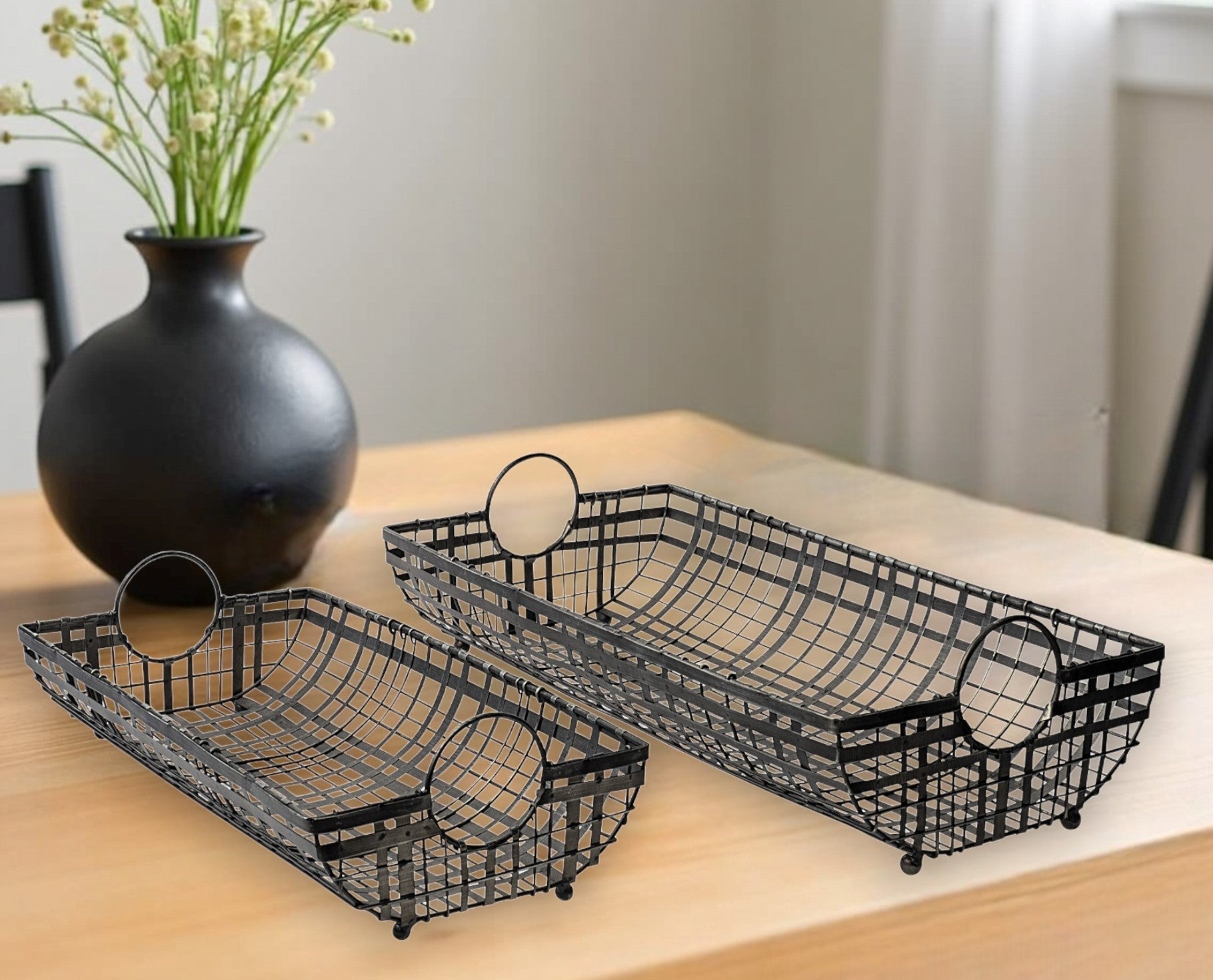 Set of Two Gray Metal Indoor Outdoor Serving Tray With Handles