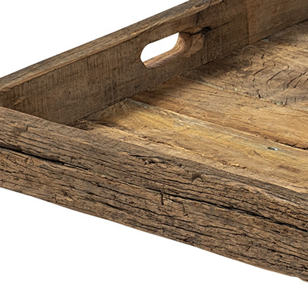 24" Brown Square Reclaimed Wood Tray With Handles