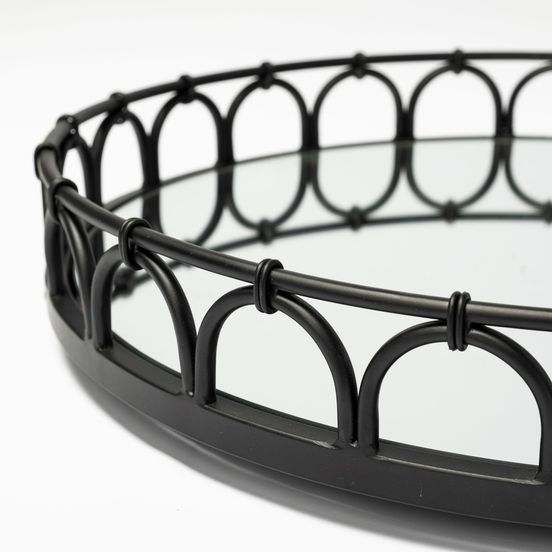 20" Matte Black Metal Half Circles And Mirrored Glass Round Tray