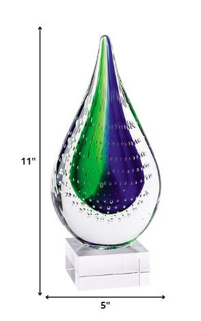 11" Clear Blue and Green Murano Glass Modern Abstract Tabletop Sculpture