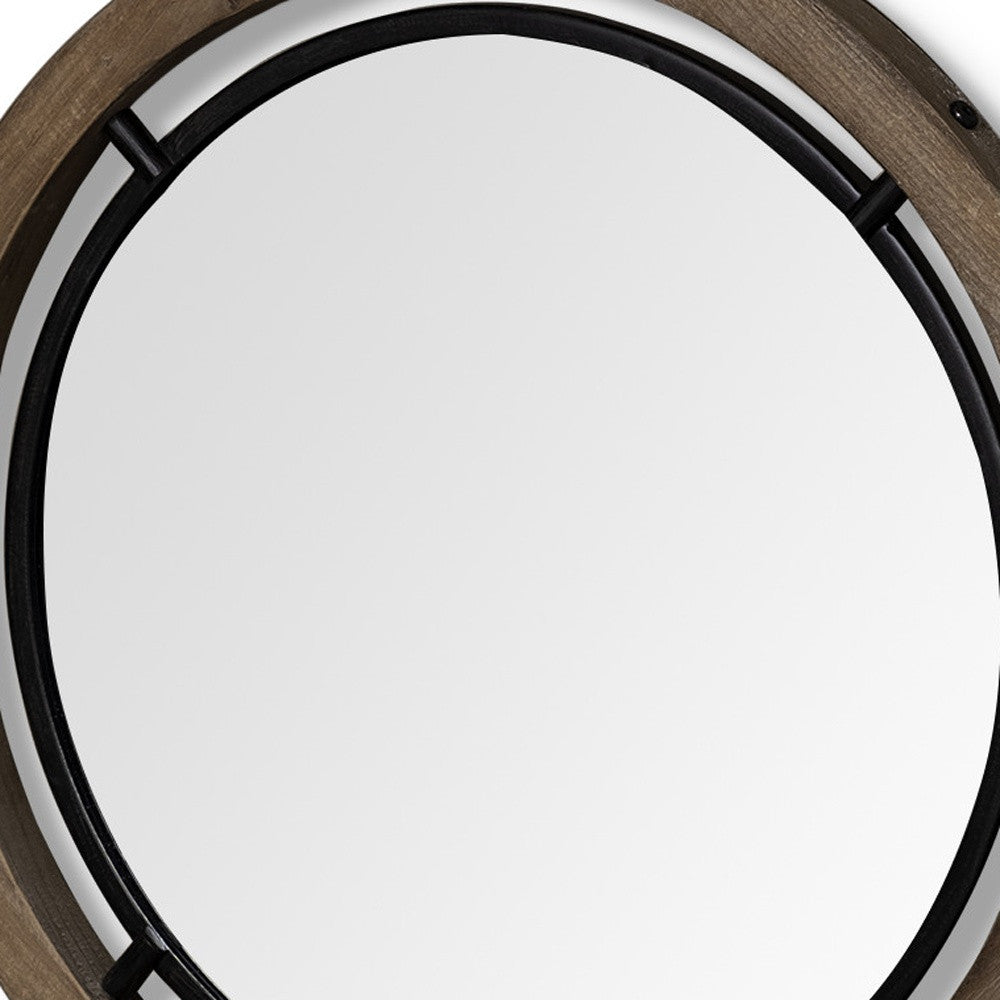 19" Brown Wood And Black Metal Frame Wall Mirror