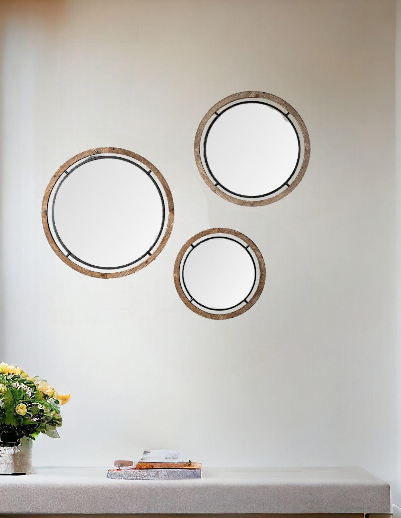 24" Brown Wood And Black Metal Double Frame Wall Mirror