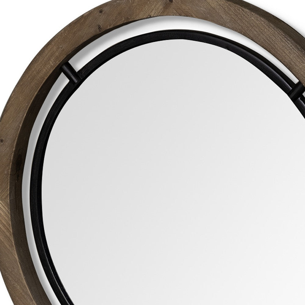 24" Brown Wood And Black Metal Double Frame Wall Mirror