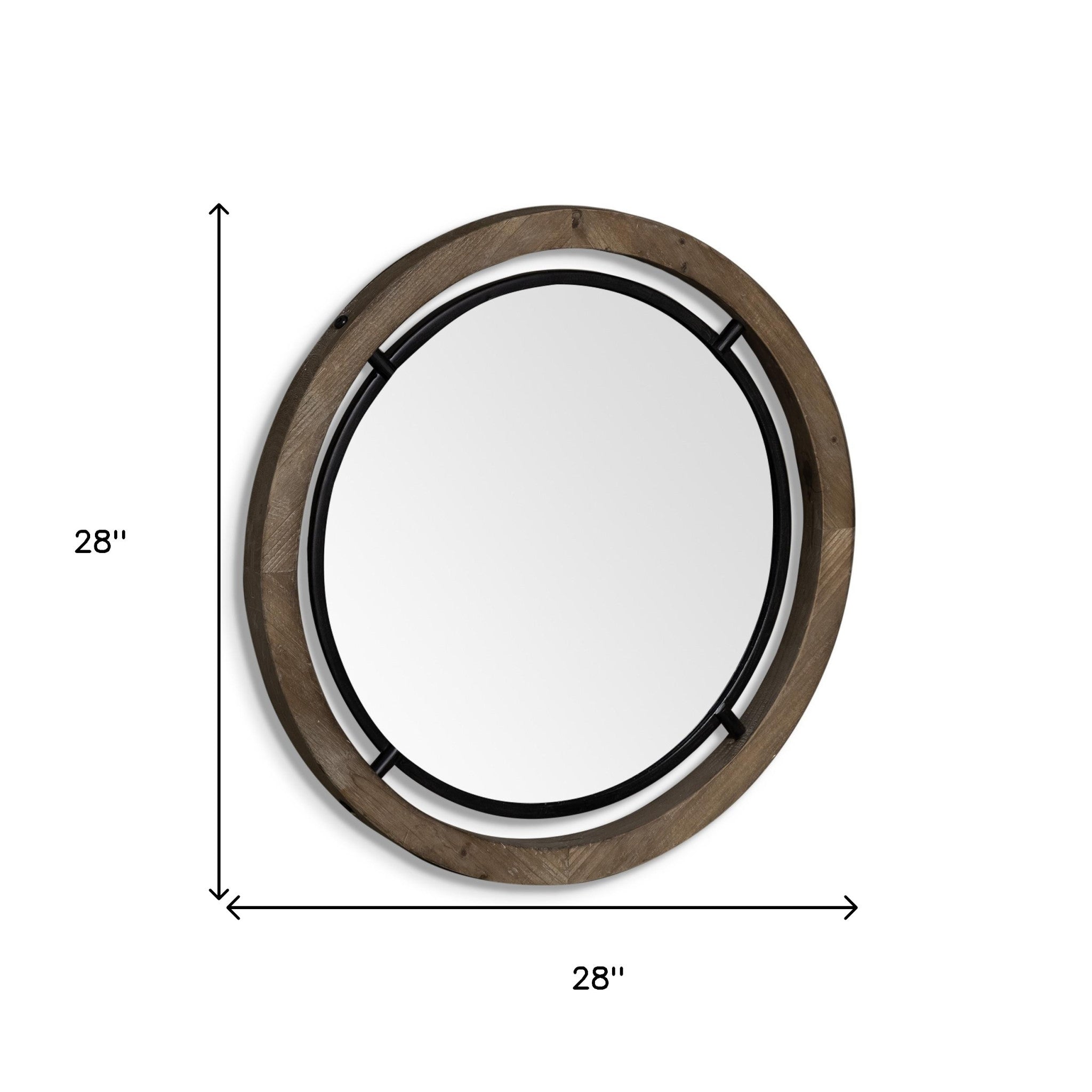 28" Brown Wood And Black Metal Round Framed Accent Mirror