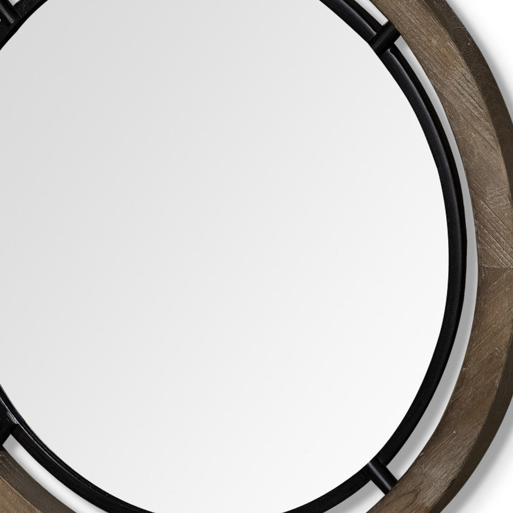 28" Brown Wood And Black Metal Round Framed Accent Mirror