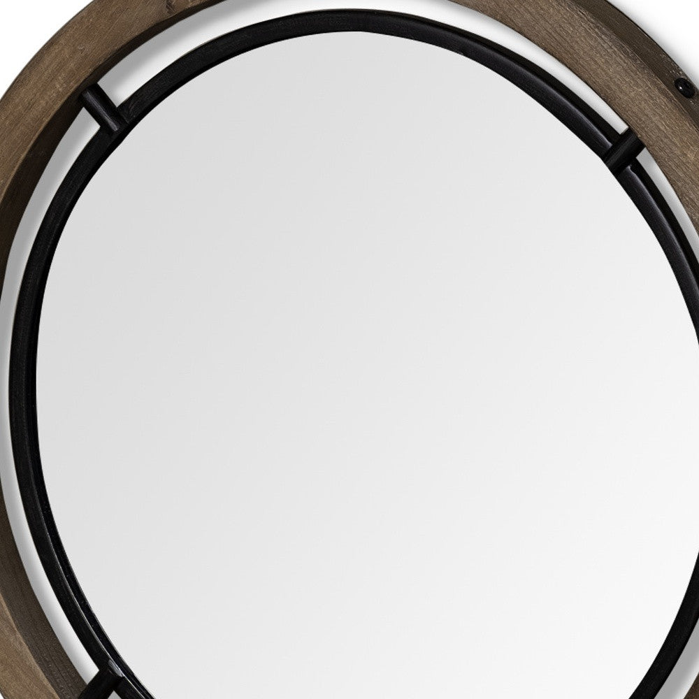 28" Brown Wood And Black Metal Round Framed Accent Mirror