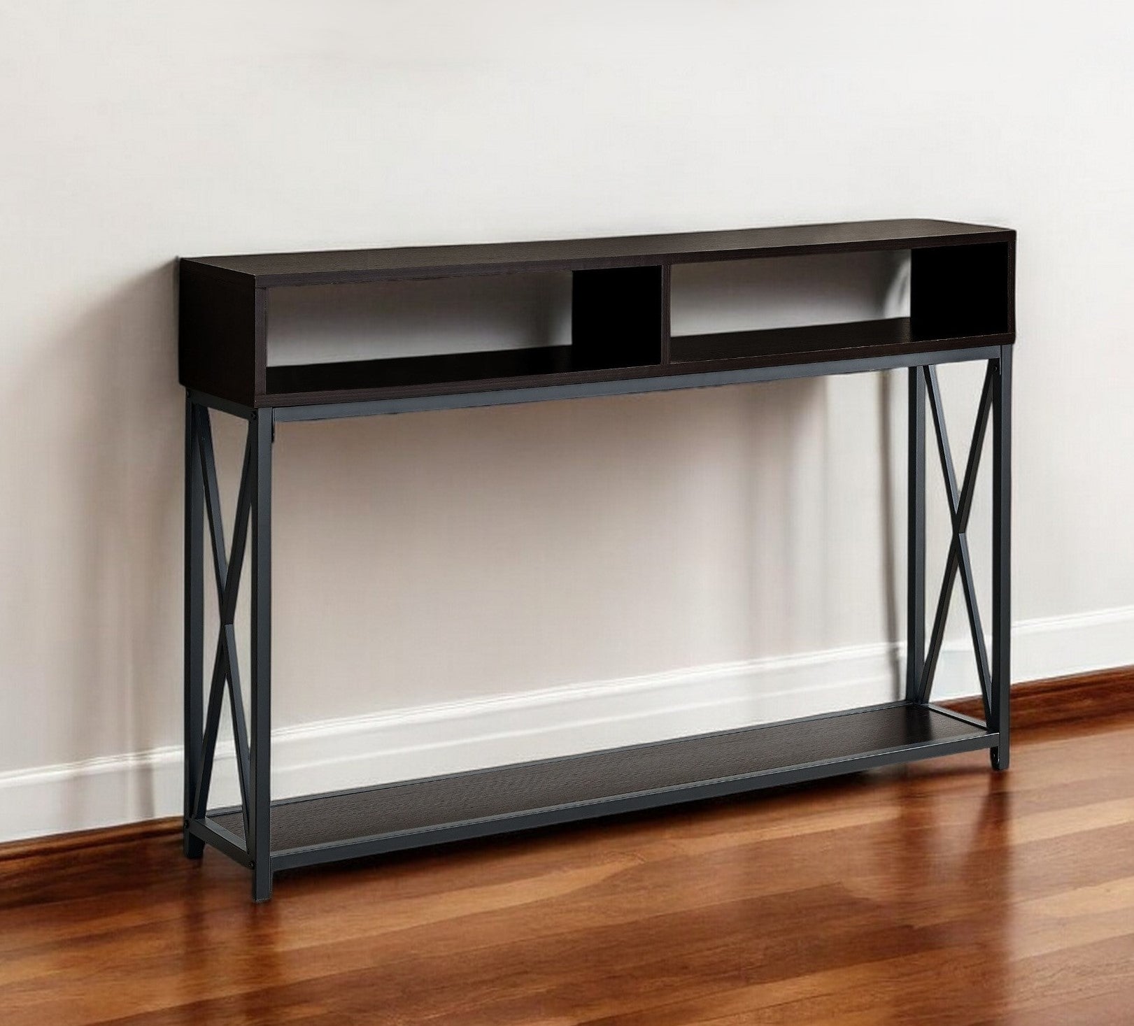 47" Brown and Black Frame Console Table With Shelves