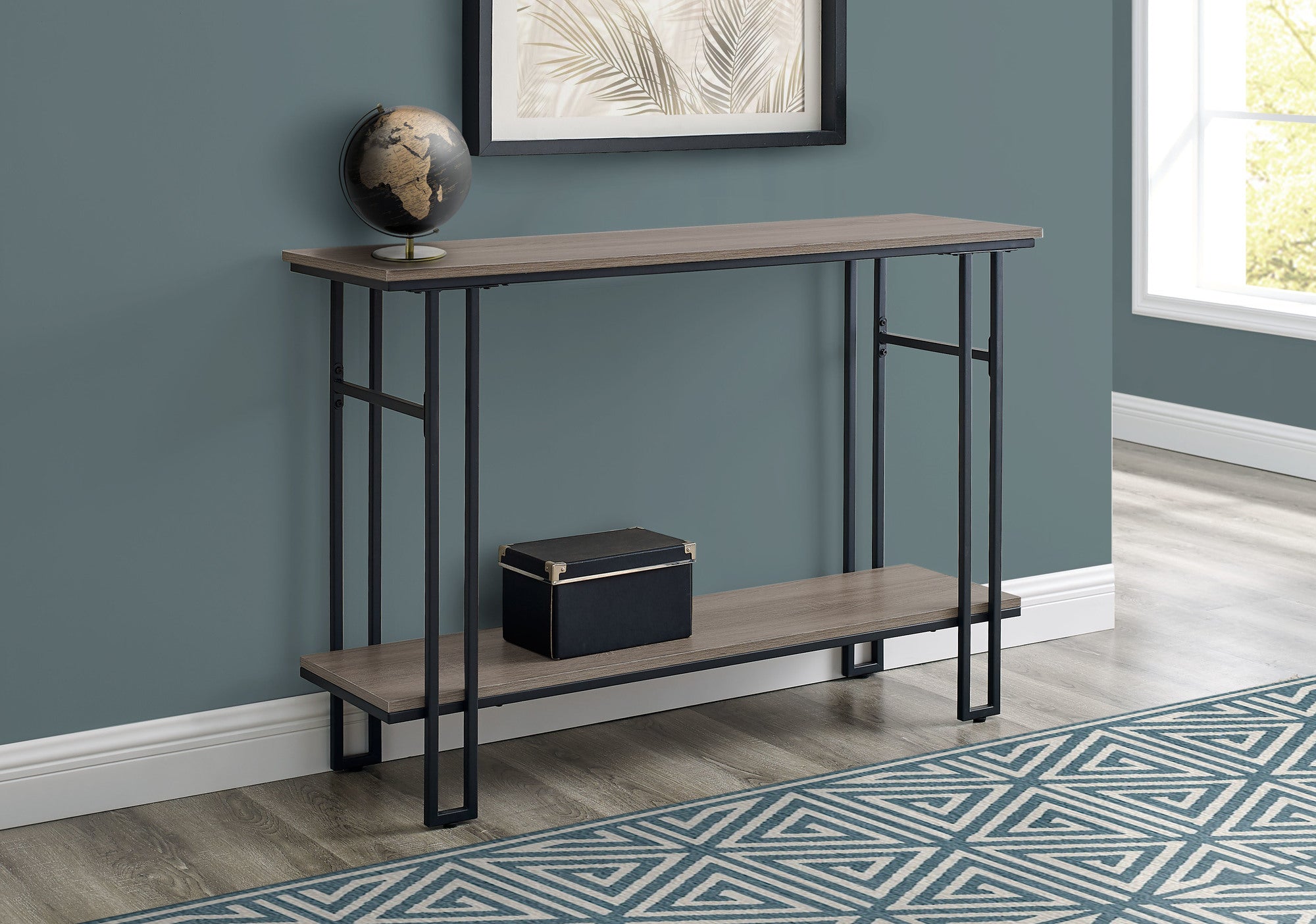 47" Gray and Black Frame Console Table With Shelves