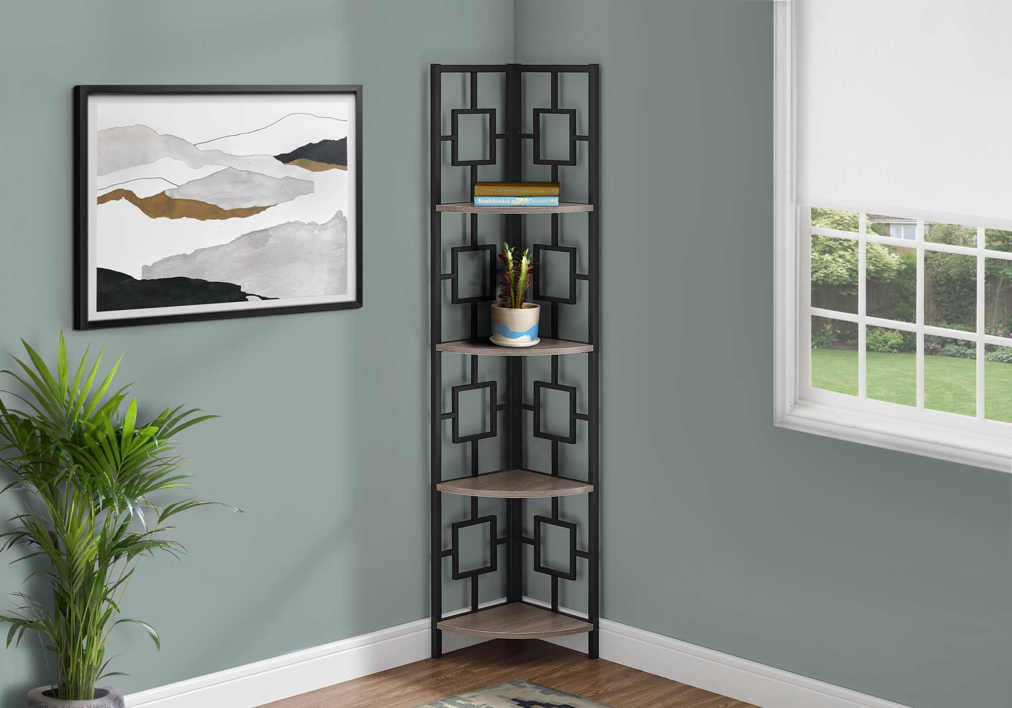 62" Dark Taupe Metal Corner Bookcase