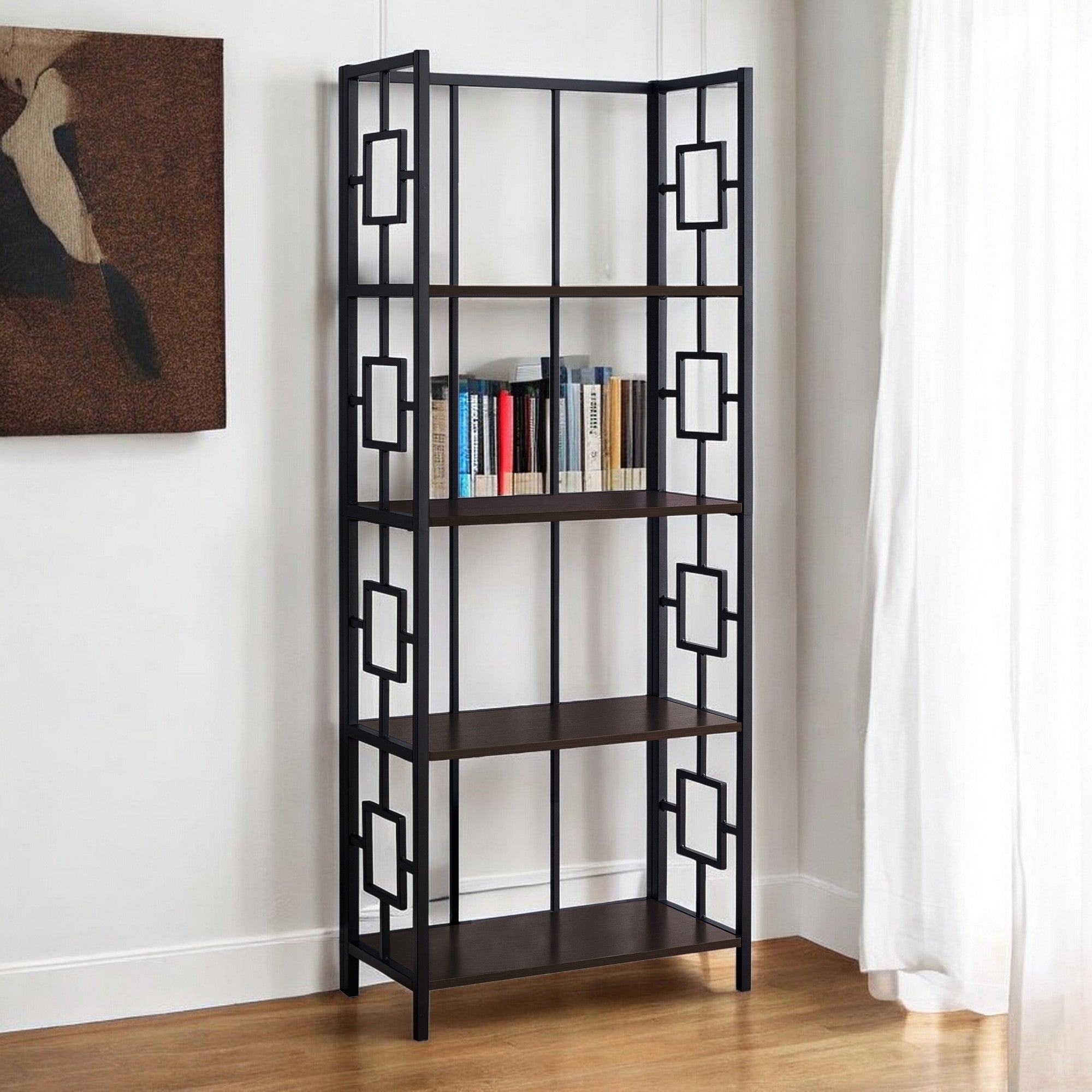 62" Espresso Metal Geometric Bookcase