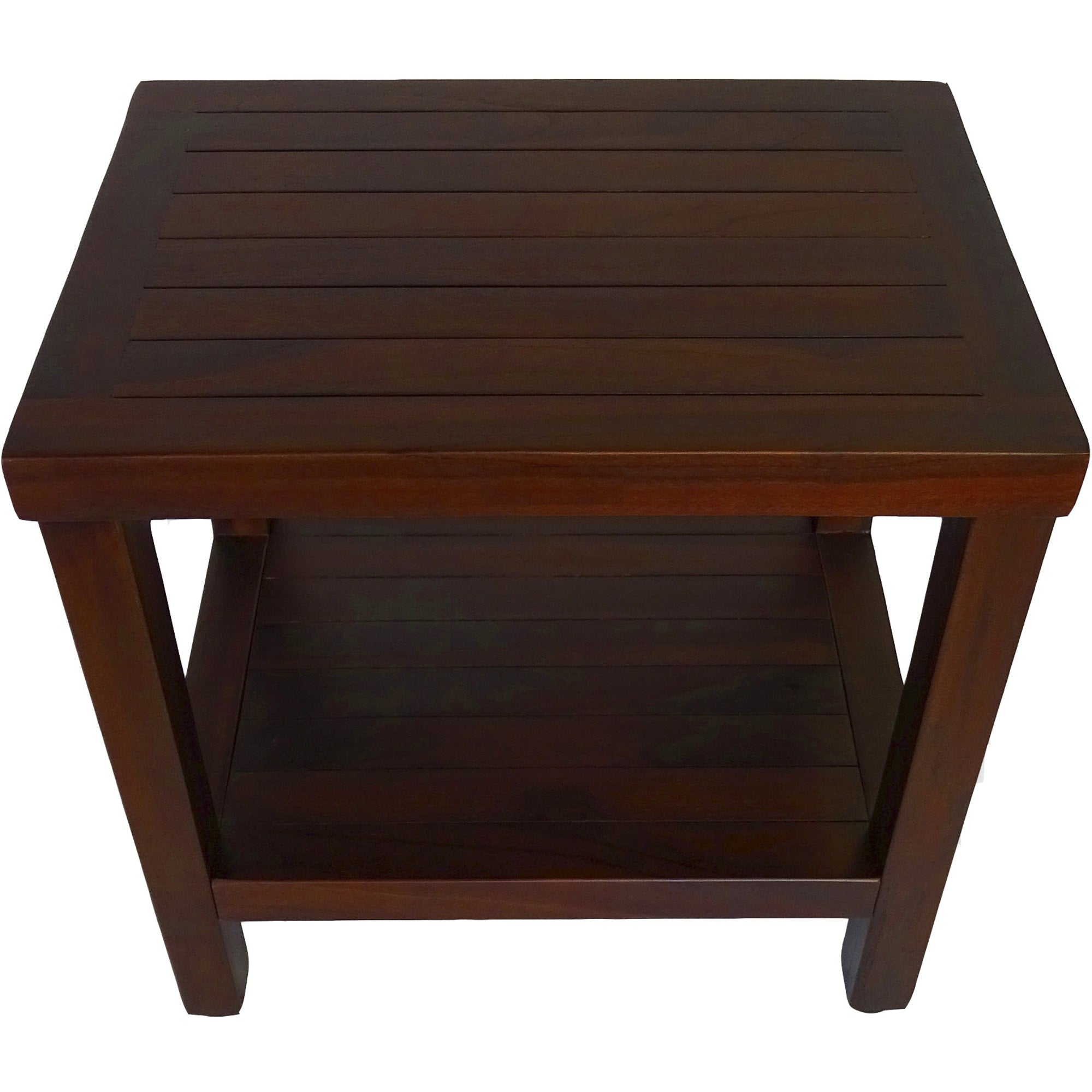 Compact Rectangular Teak Shower Or Outdoor Bench With Shelf In Brown Finish